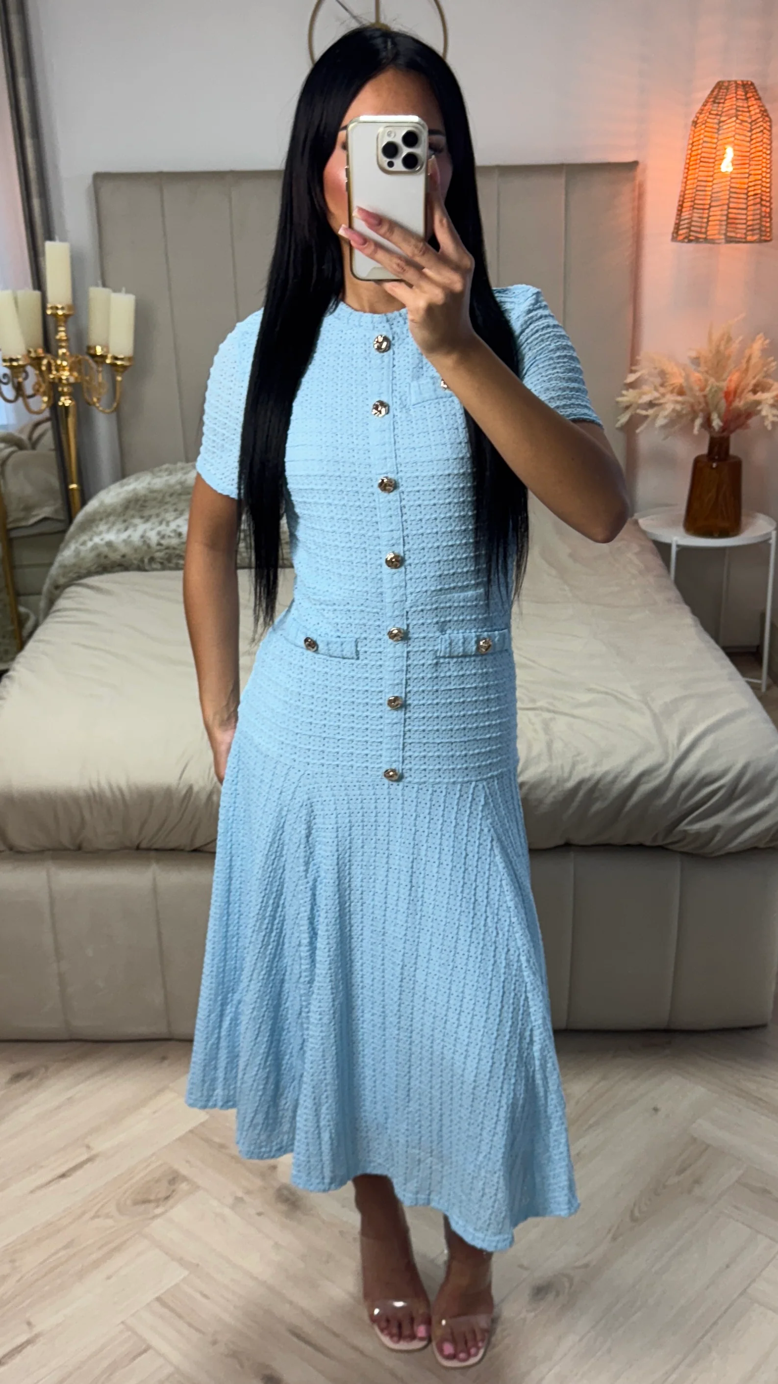 Textured Long Skirt Dress Golden Buttons - Image 3