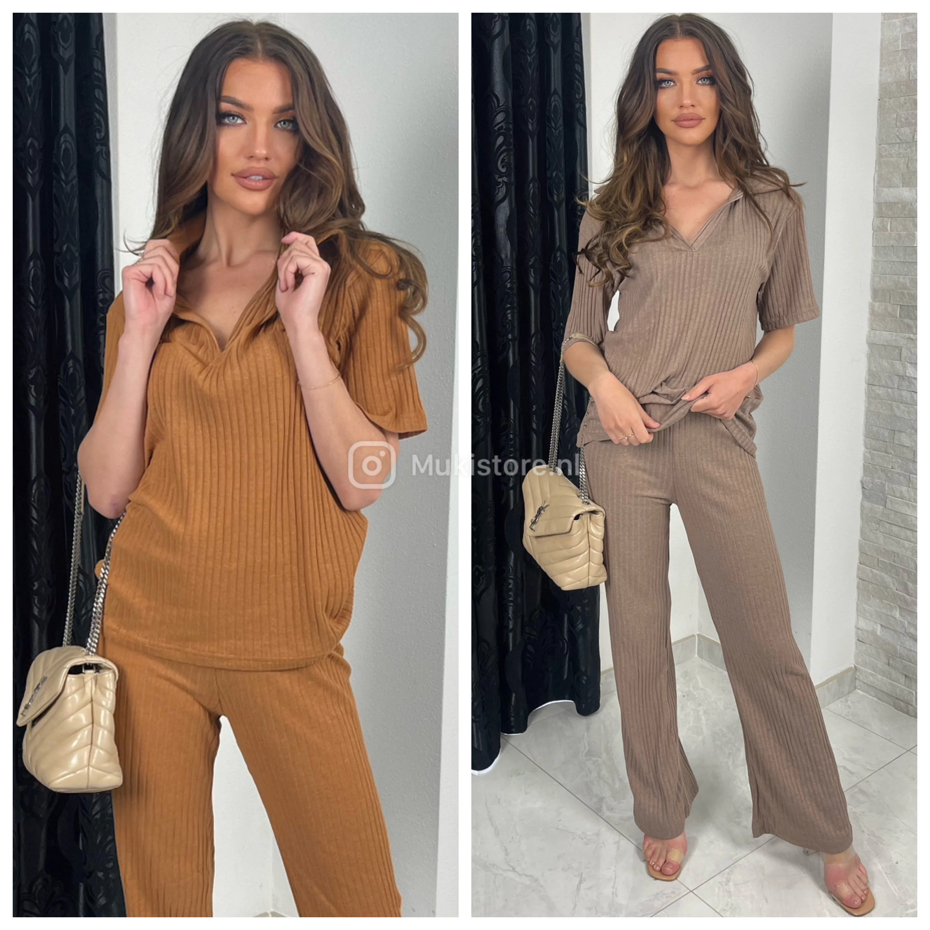 Thin Ribbed Collar Detail Wide Leg Set - Image 14