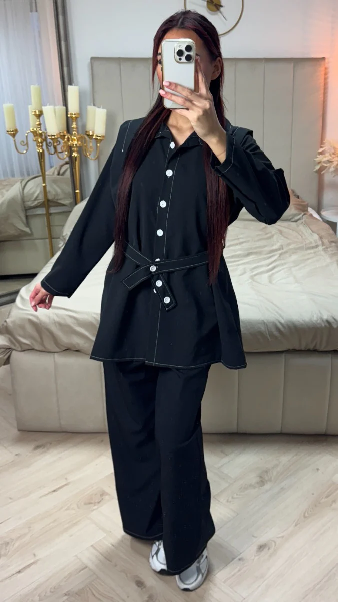 Tie Belt Button Blouse Set White Button Details - Image 7