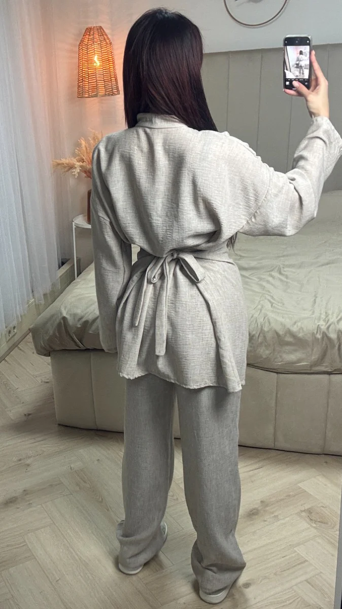 Tie Belt Cardigan Button + Pants Linnenlook Set - Image 10