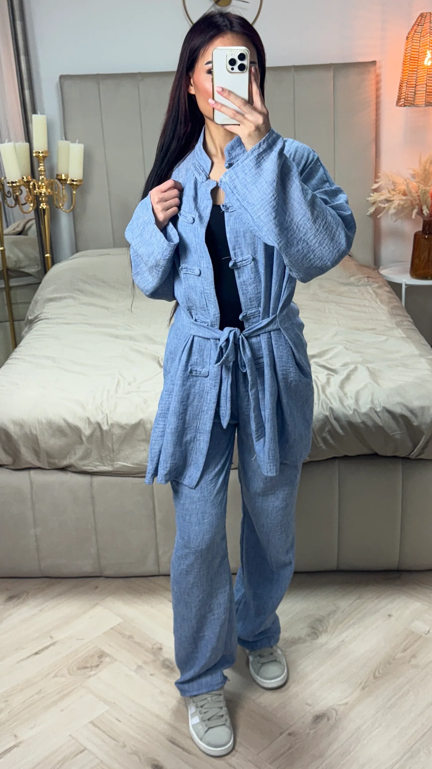 Tie Belt Cardigan Button + Pants Linnenlook Set - Image 14