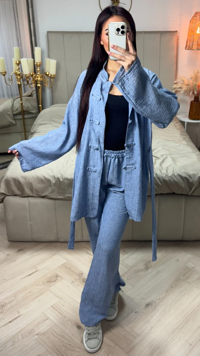 Tie Belt Cardigan Button + Pants Linnenlook Set - Image 3