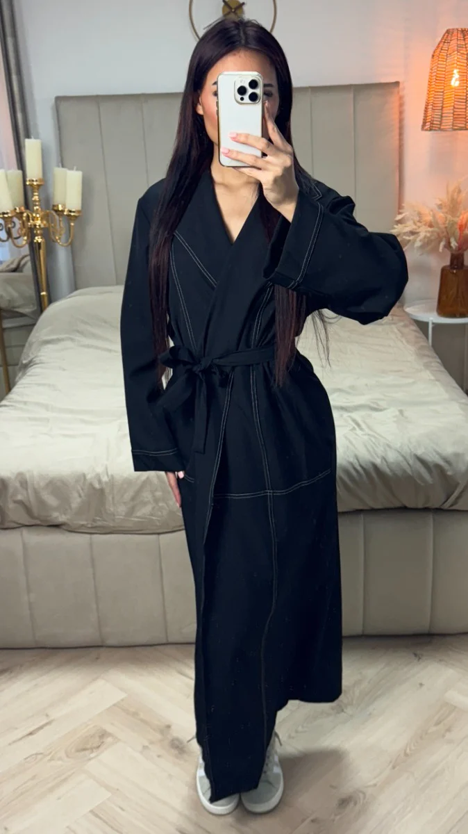 Tie Belt Collar Kimono Pocket Detail - Image 6