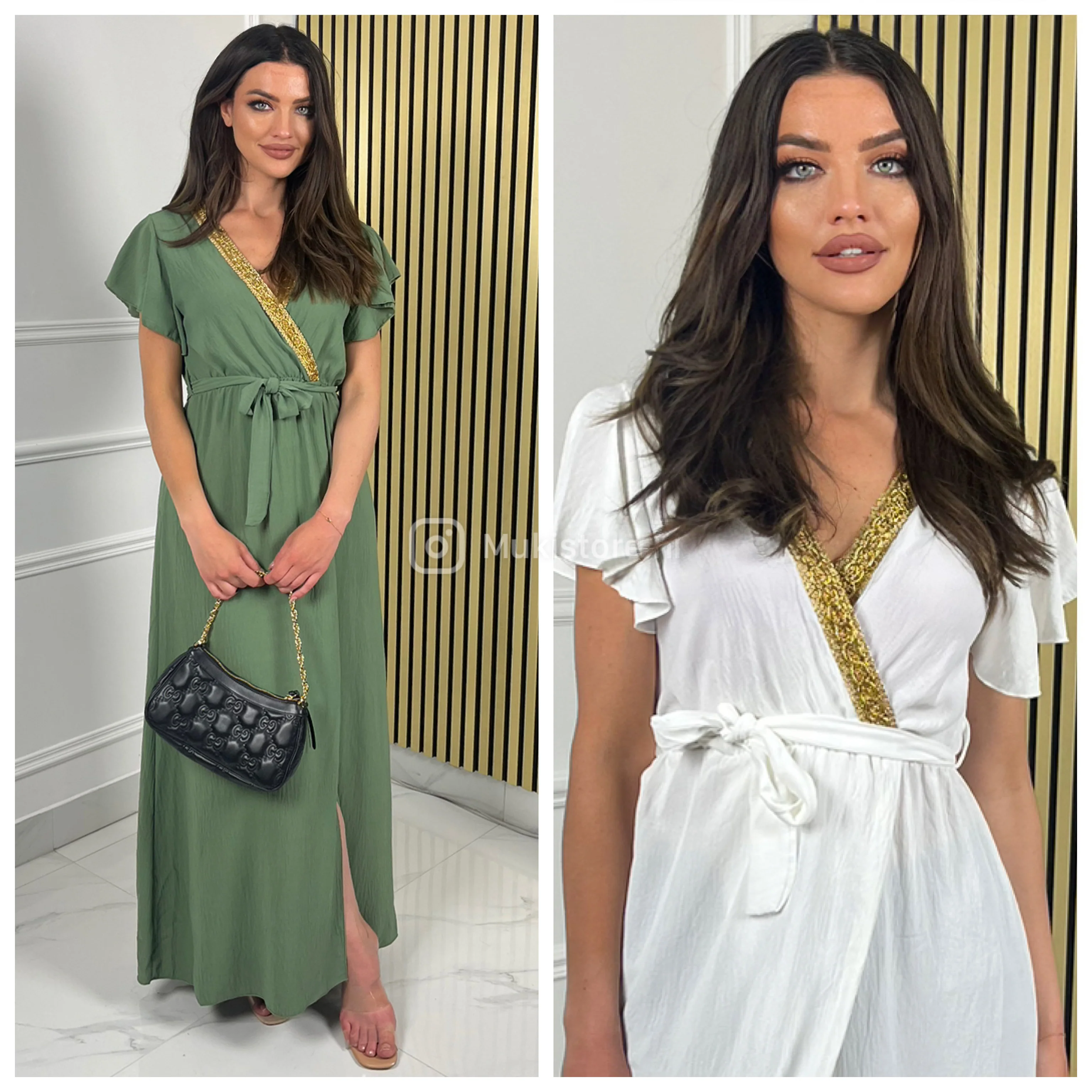 Tie Belt Dress Golden Neck Front Split Ruffle Sleeves - Image 3