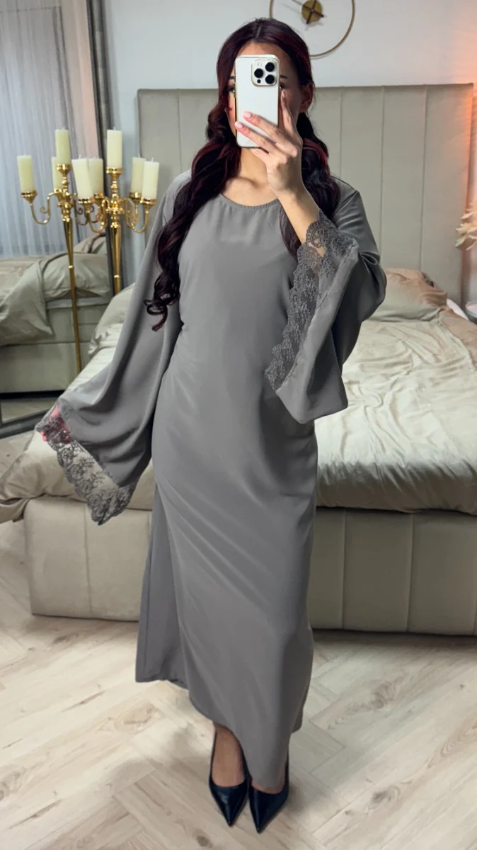 Tie Belt Dress Wide Sleeves Lace Detail - Image 3
