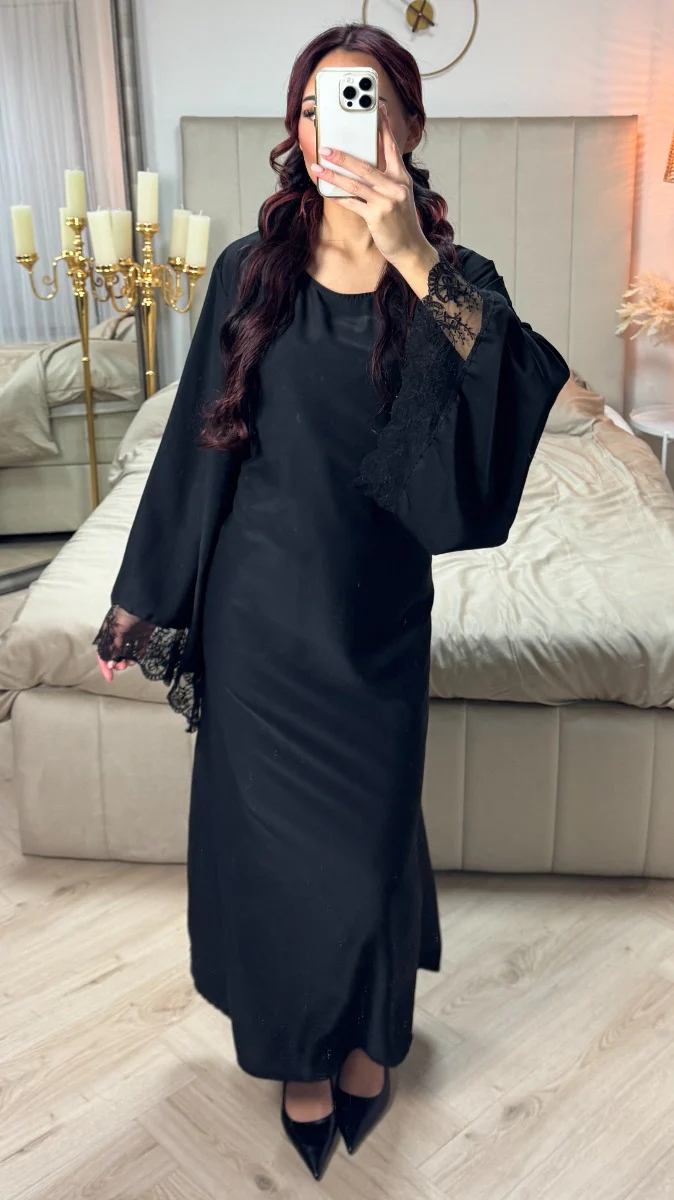 Tie Belt Dress Wide Sleeves Lace Detail - Image 4