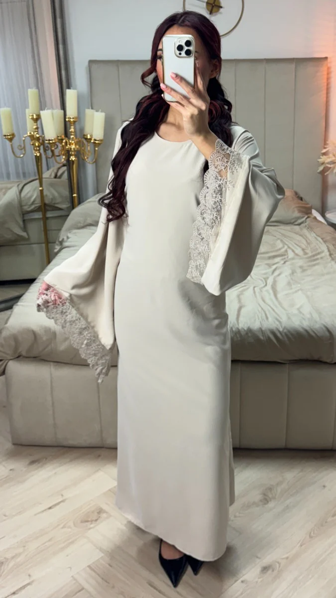 Tie Belt Dress Wide Sleeves Lace Detail - Image 7