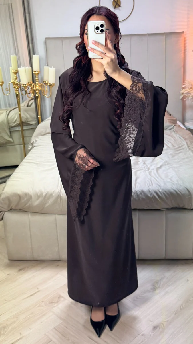 Tie Belt Dress Wide Sleeves Lace Detail - Image 8
