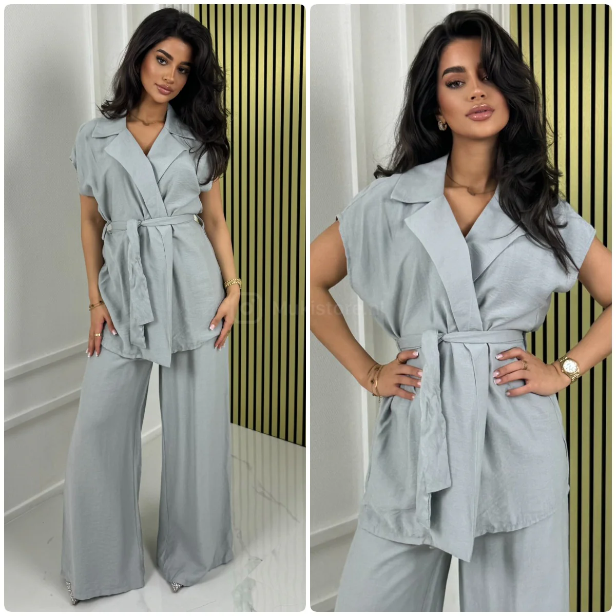 Tie Belt Sleeveless Wrap Basic Wide Leg Set - Image 5