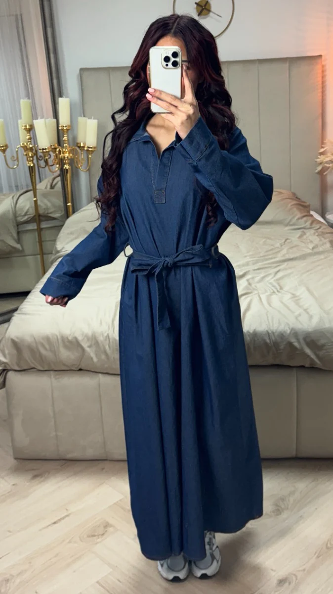 TIe Belt V Neck Collar Maxi Dress