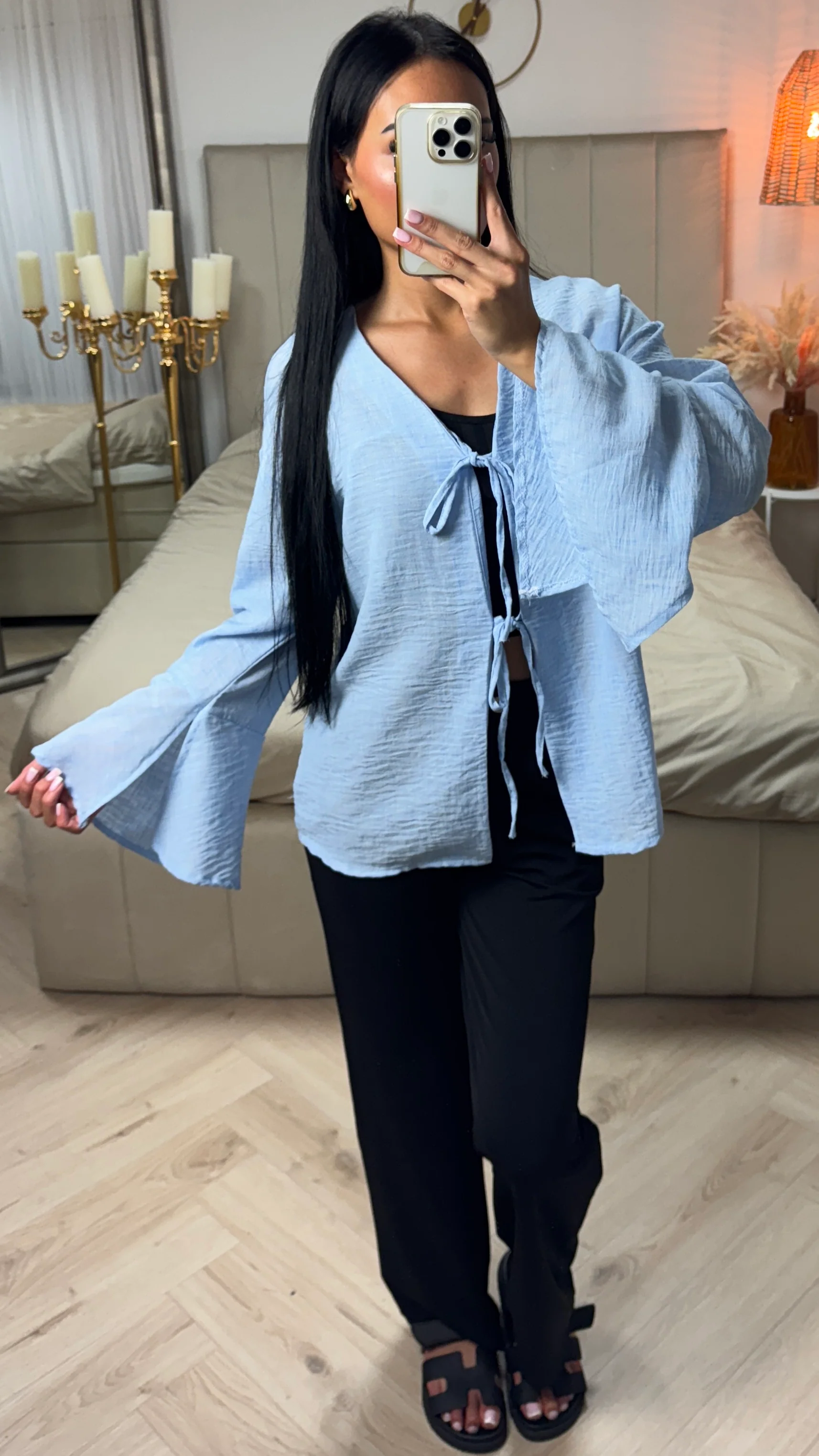 Top van Crinkle Polyester met Strikdetails en Wijde Mouwen - Image 6