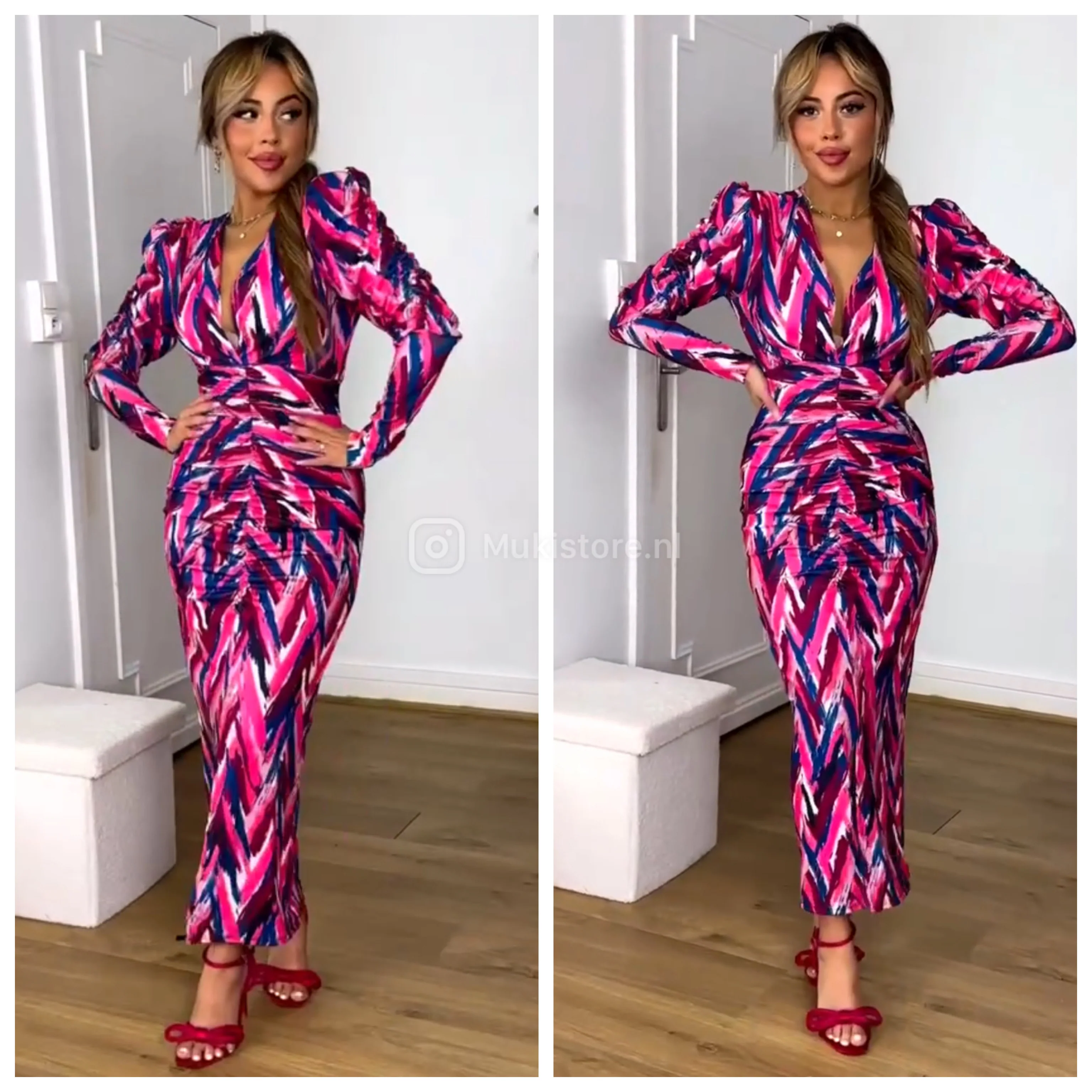 Trending Motif Print Dress Taille Detail Shoulder Pads 7932-2 - Image 20