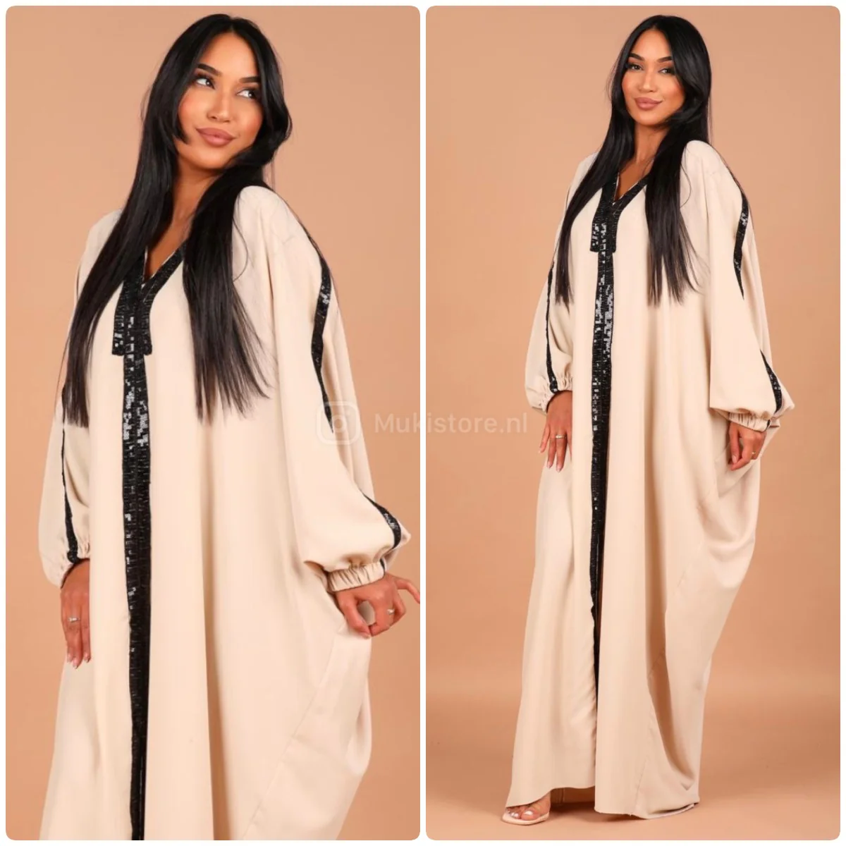 V Neck Abaya Mid Line Sequin - Image 2