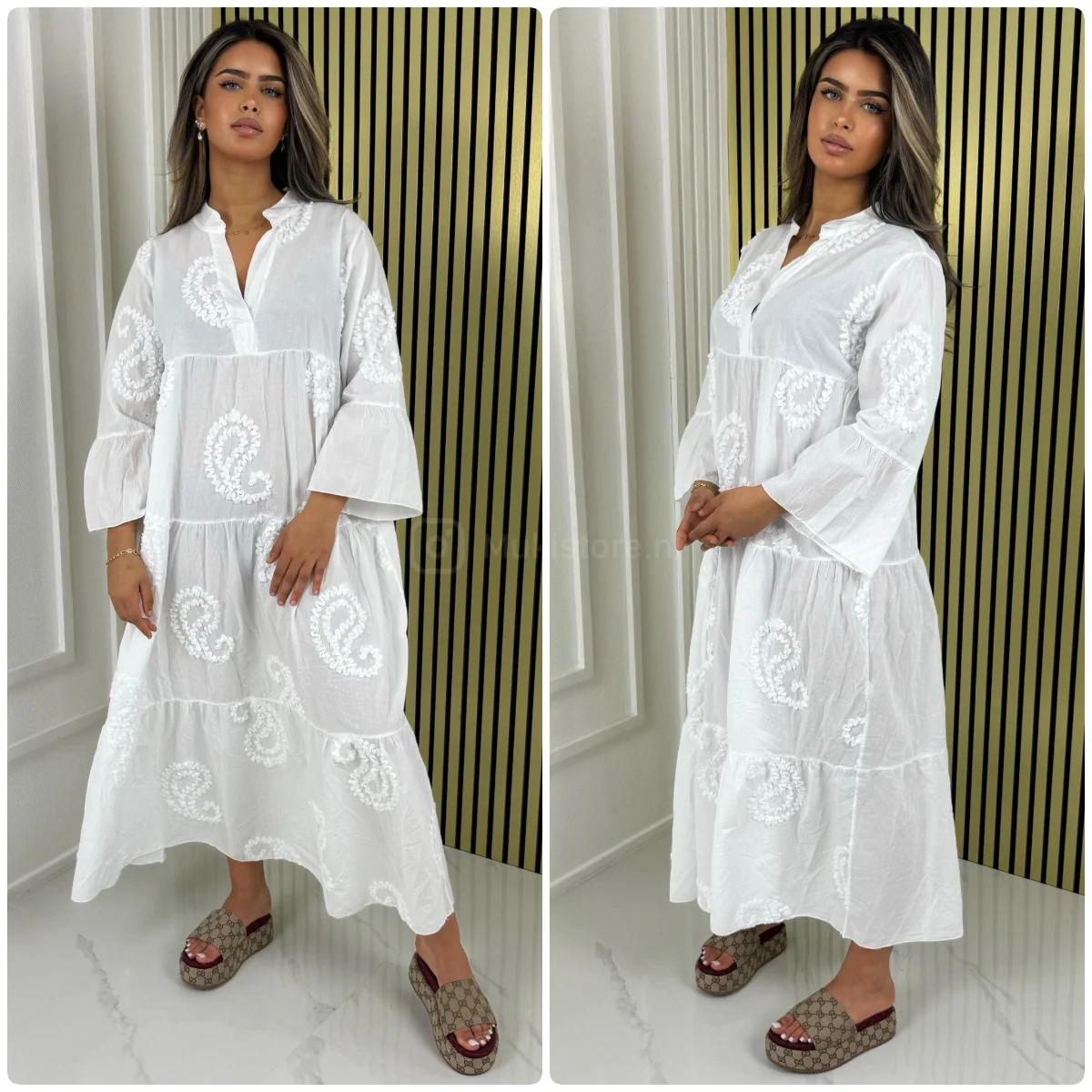 V Neck Collar New Embroidery Pleated Dress - Image 3