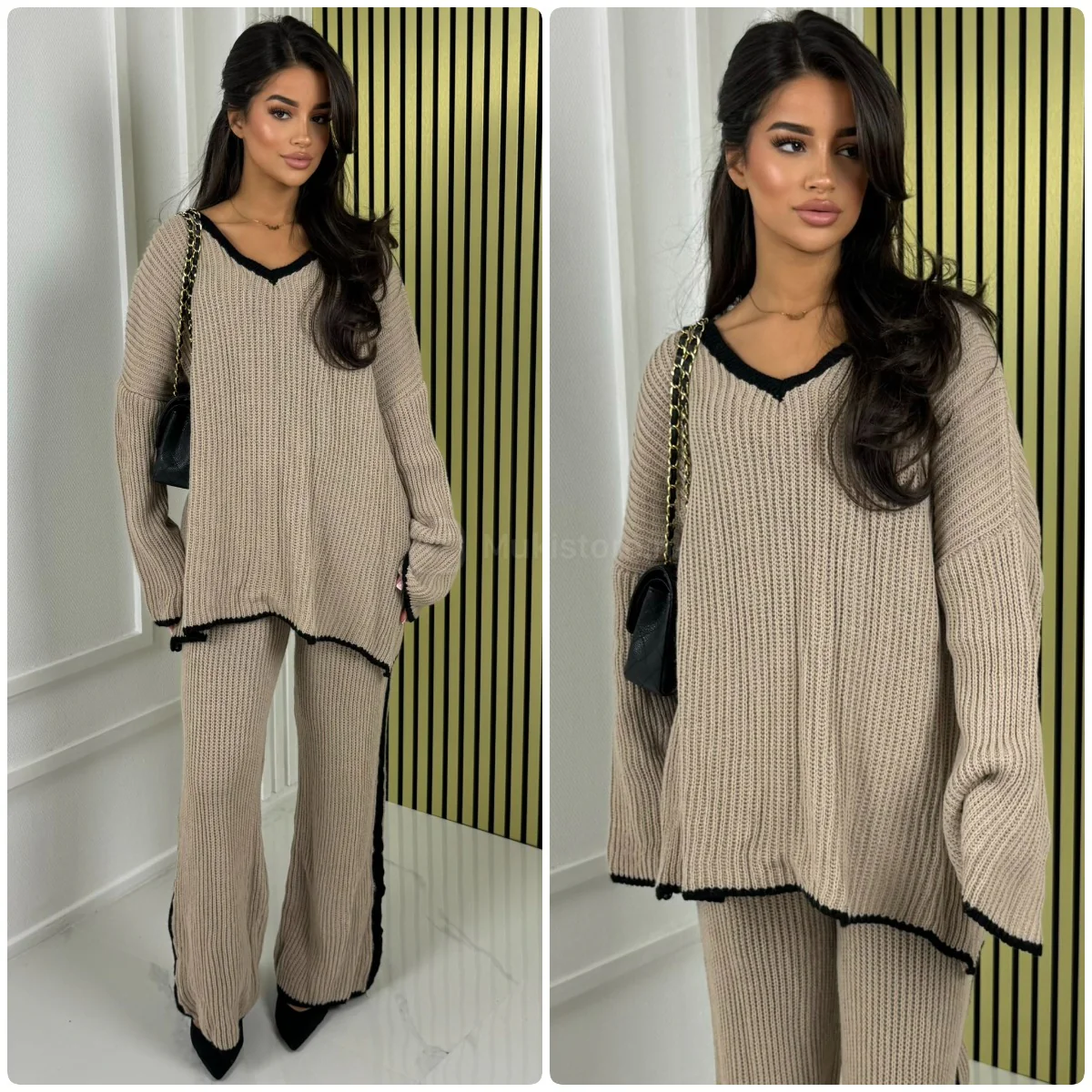 V Neck Knitwear Oversized Stripe Set - Image 2