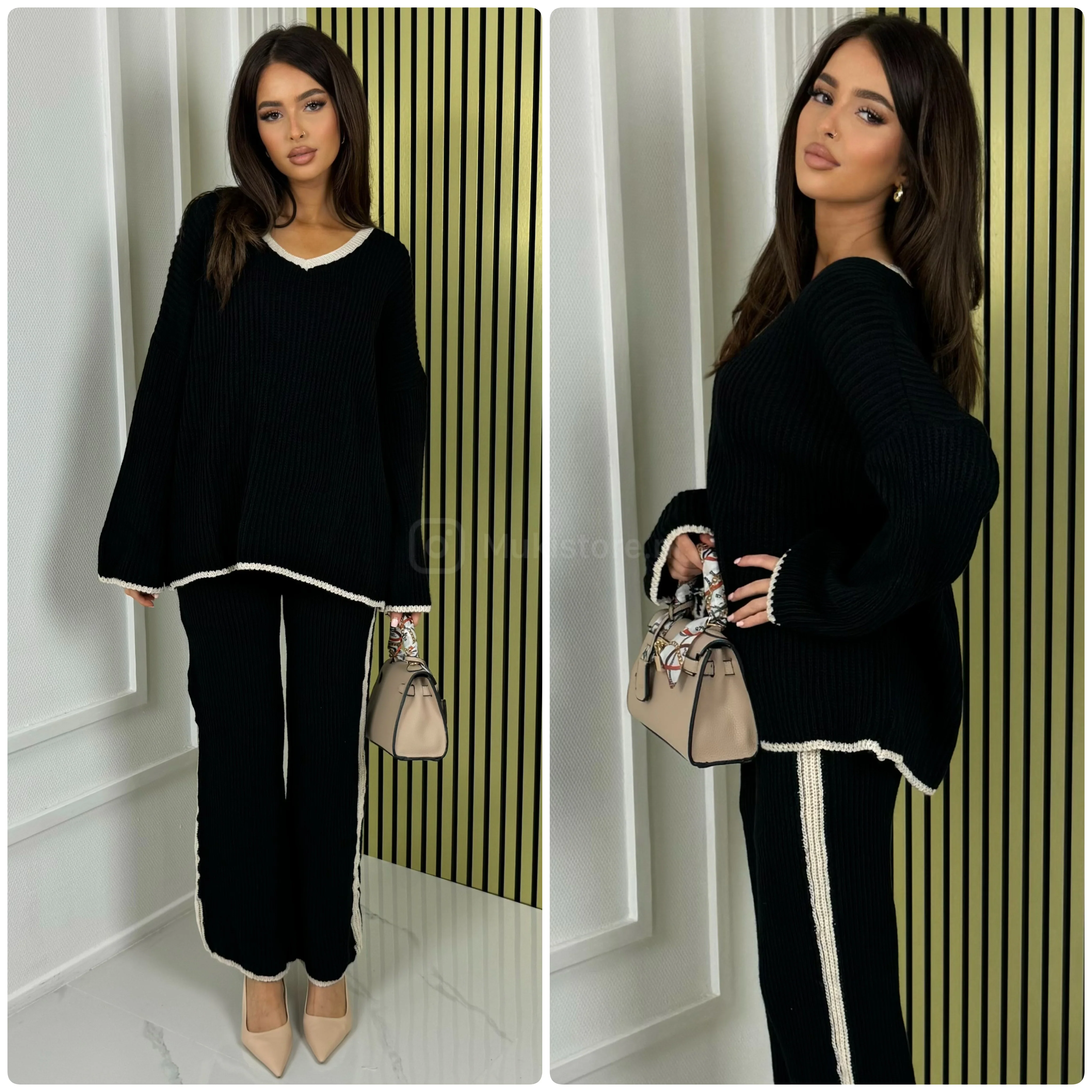 V Neck Knitwear Oversized Stripe Set - Image 8