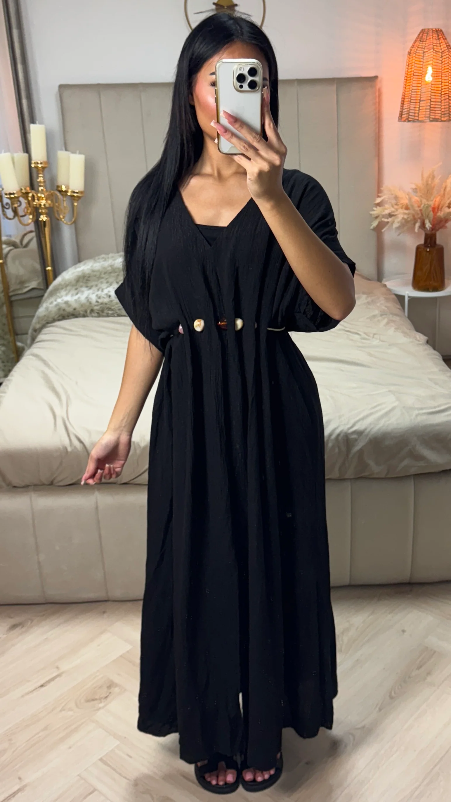 V Neck Pleated Viscose Dress Boho Tie Belt - Image 5