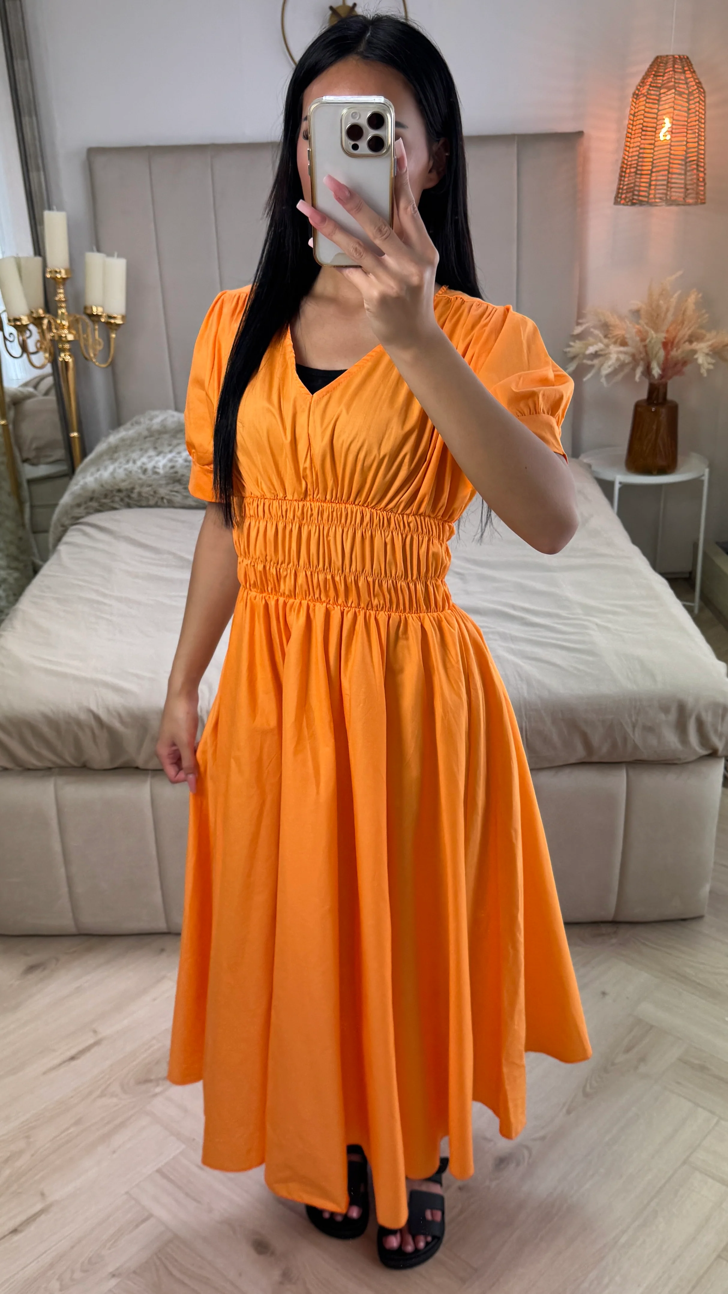 V Neck Puff Sleeves Dress Waist Detail - Image 10