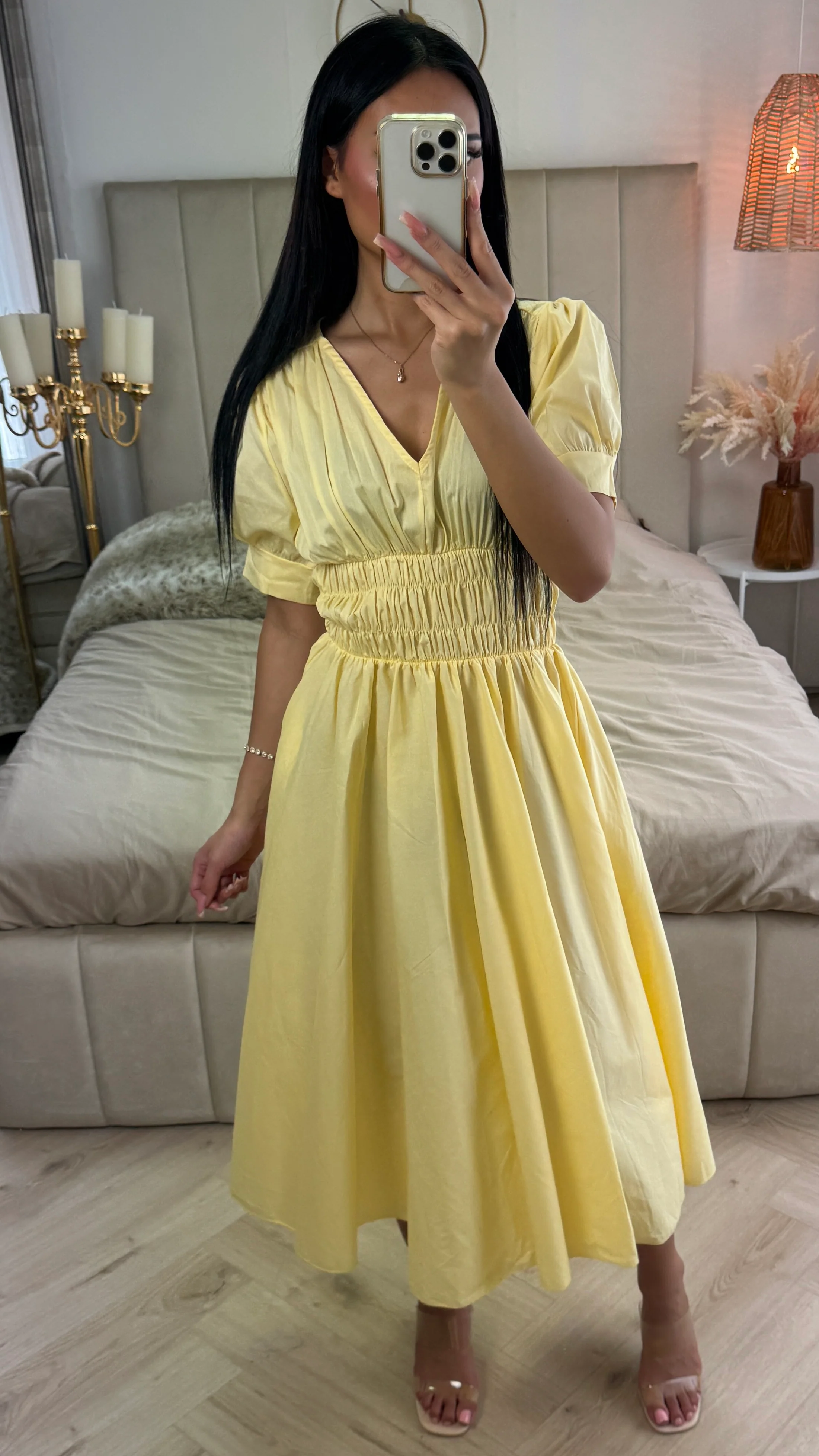 V Neck Puff Sleeves Dress Waist Detail - Image 2