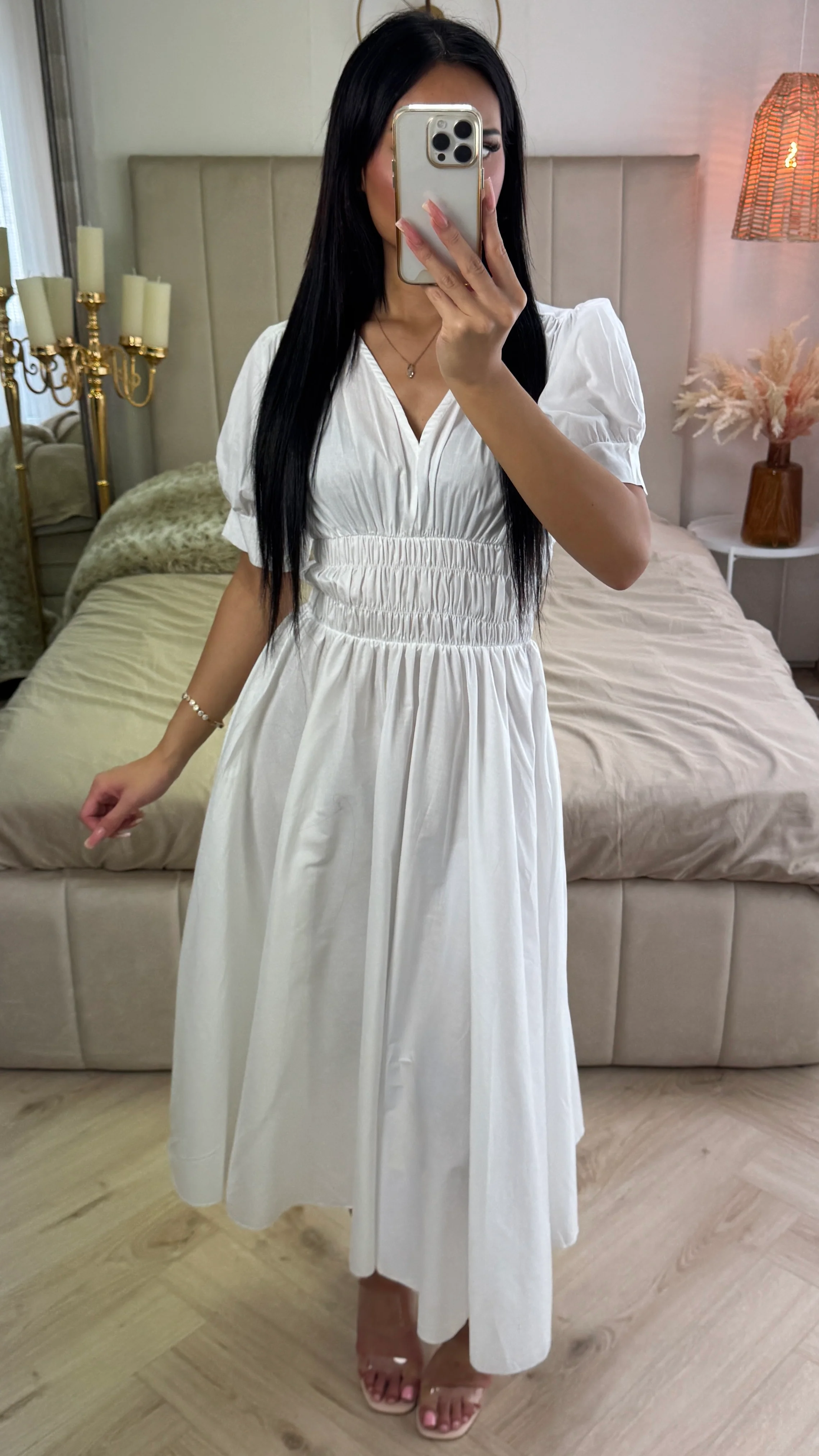 V Neck Puff Sleeves Dress Waist Detail - Image 3