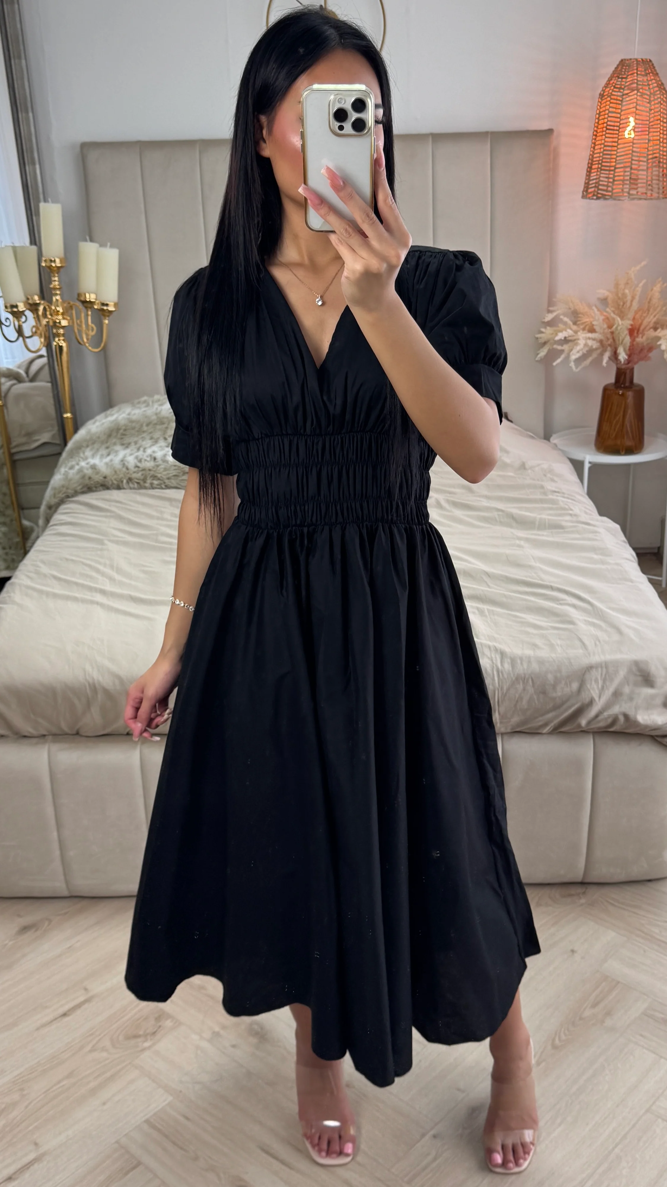 V Neck Puff Sleeves Dress Waist Detail - Image 4