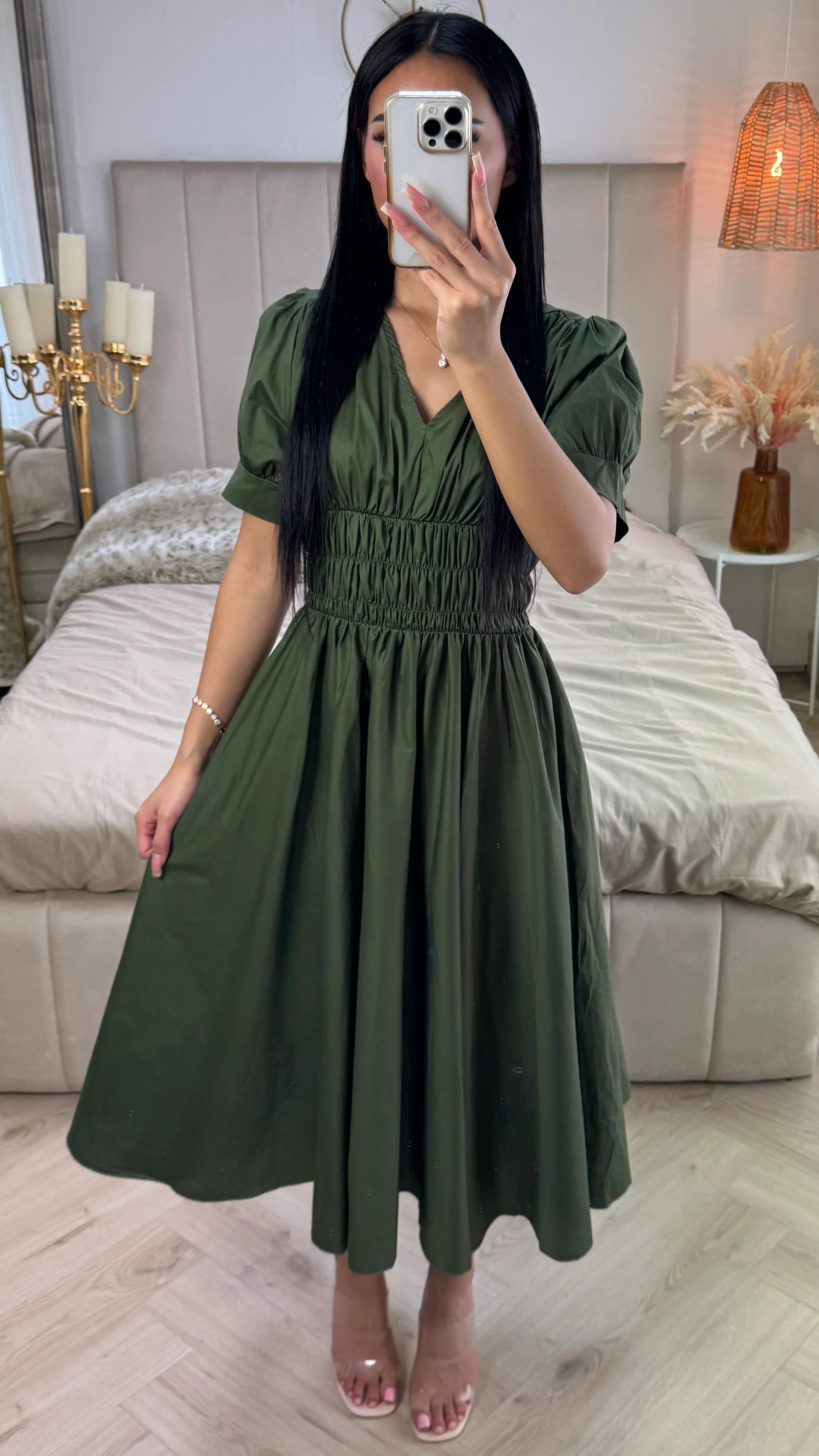 V Neck Puff Sleeves Dress Waist Detail - Image 5