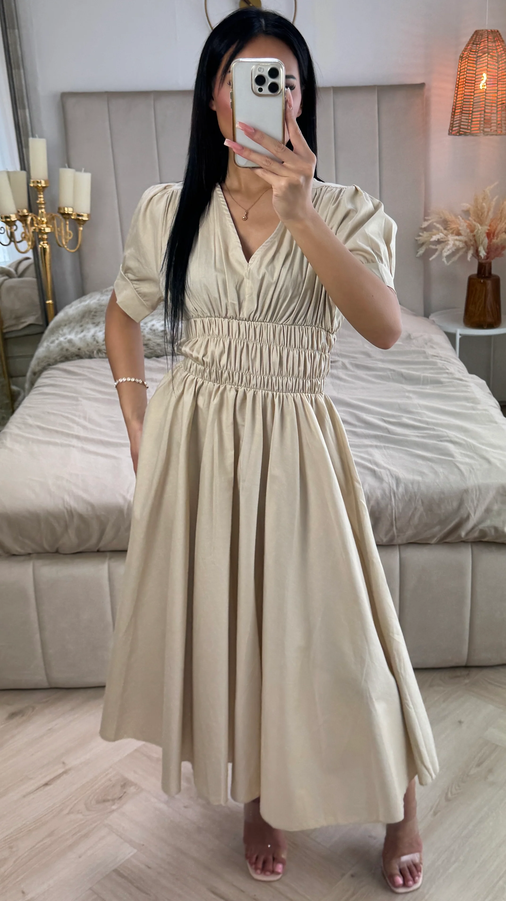 V Neck Puff Sleeves Dress Waist Detail - Image 6