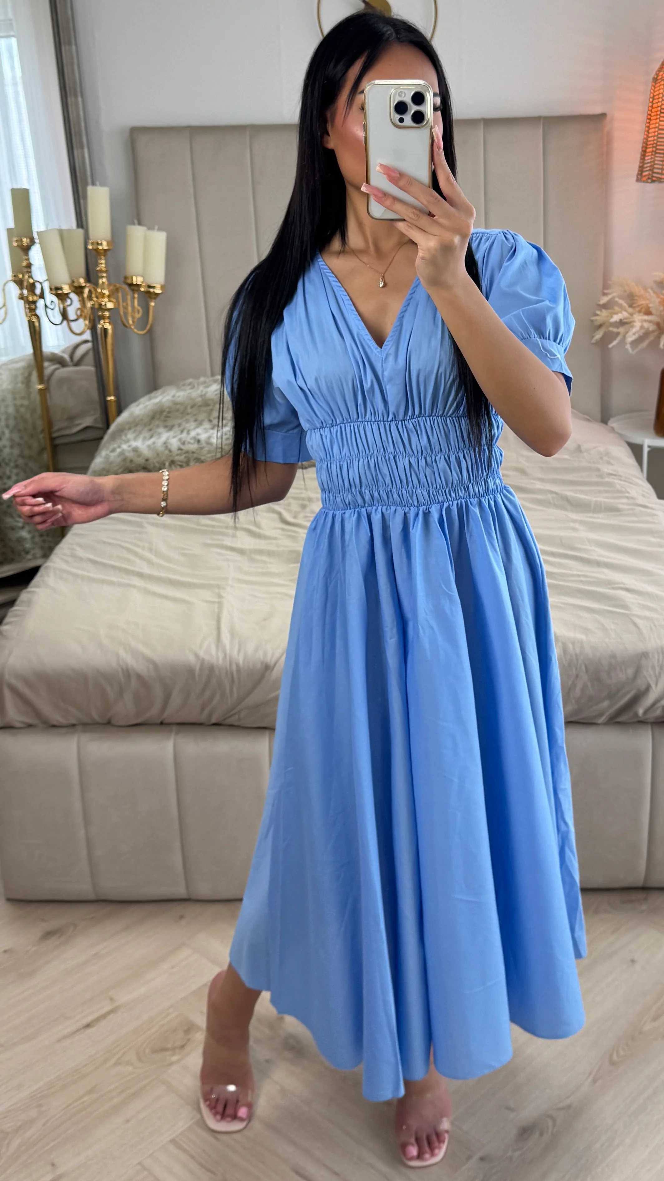 V Neck Puff Sleeves Dress Waist Detail - Image 7