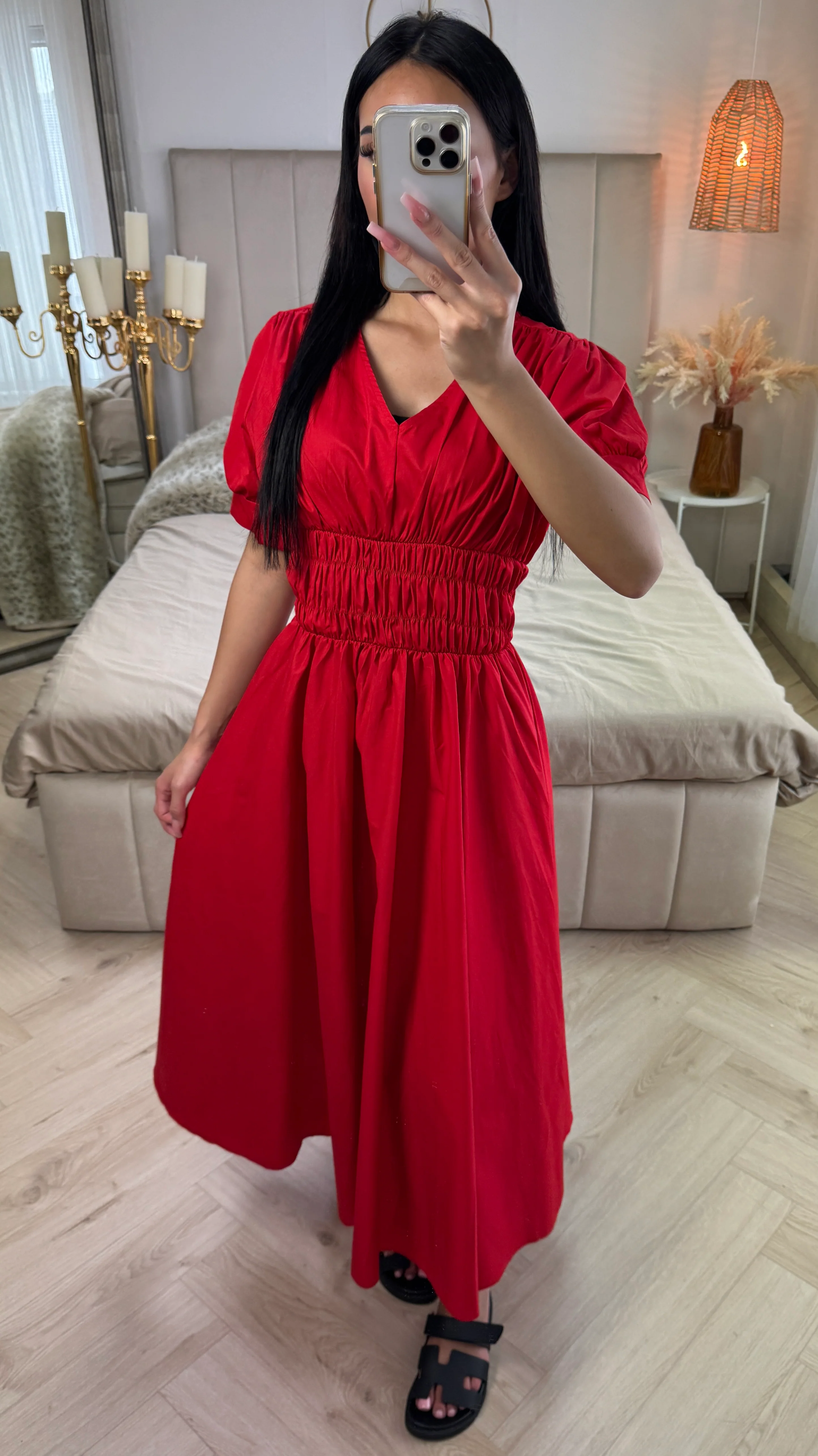 V Neck Puff Sleeves Dress Waist Detail - Image 8