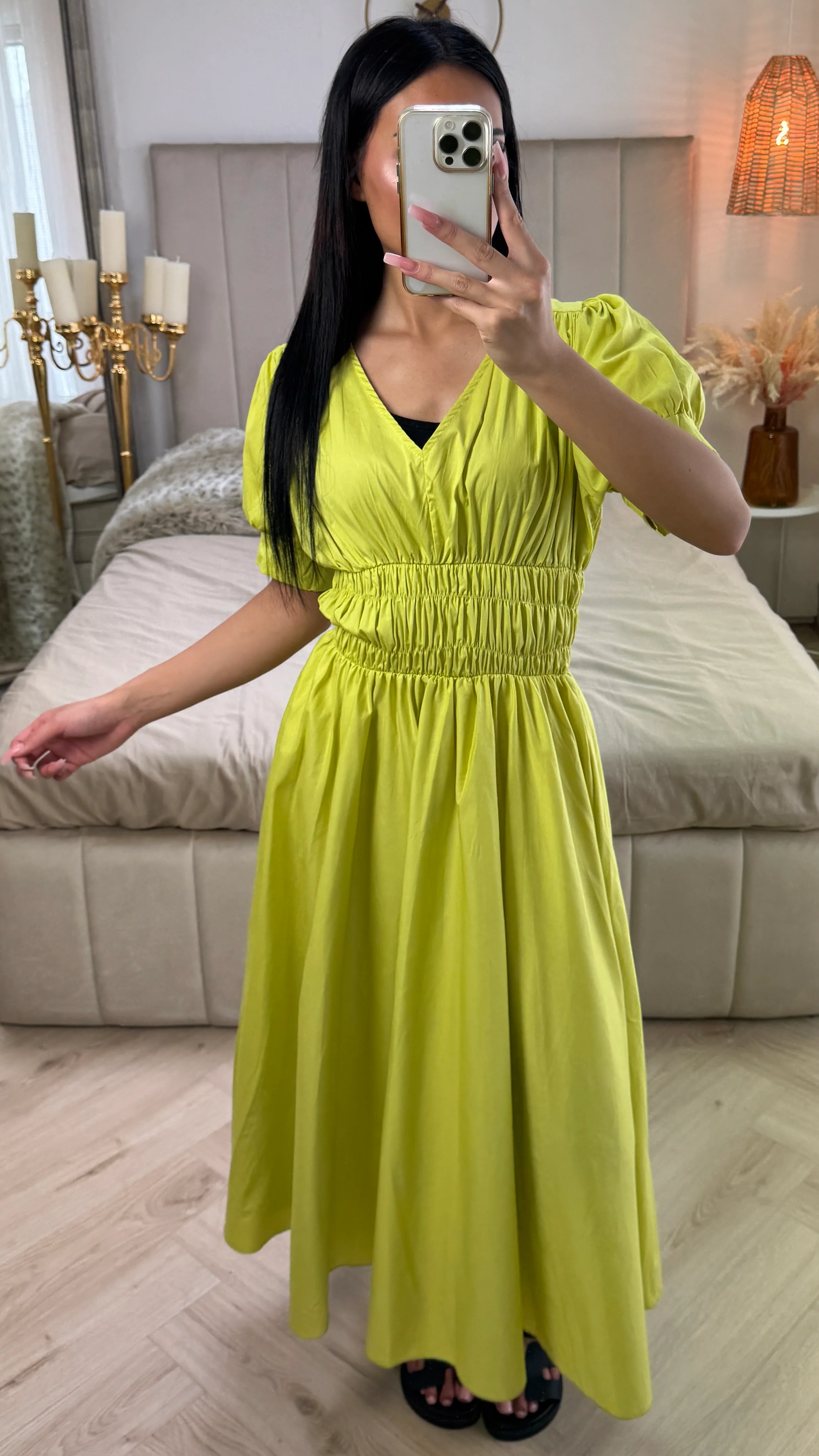 V Neck Puff Sleeves Dress Waist Detail - Image 9