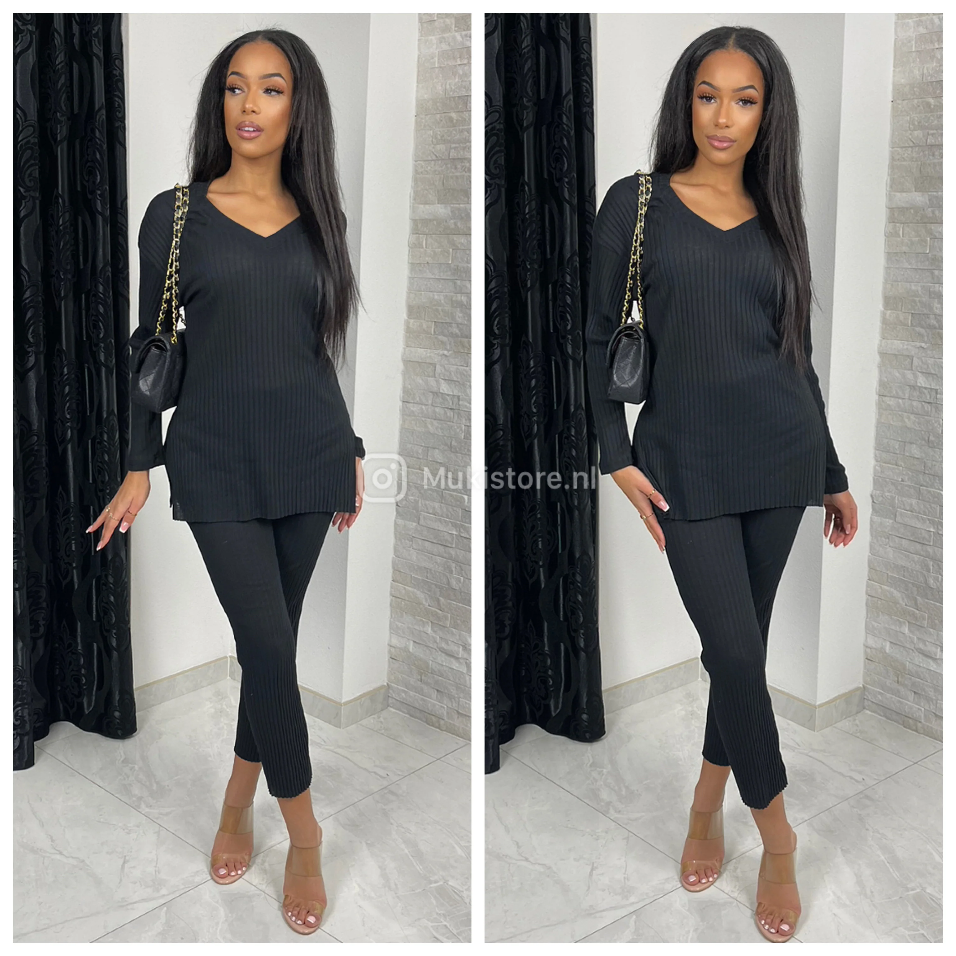 V Neck Thin Ribbed Wide Leg Musthave Set - Image 12