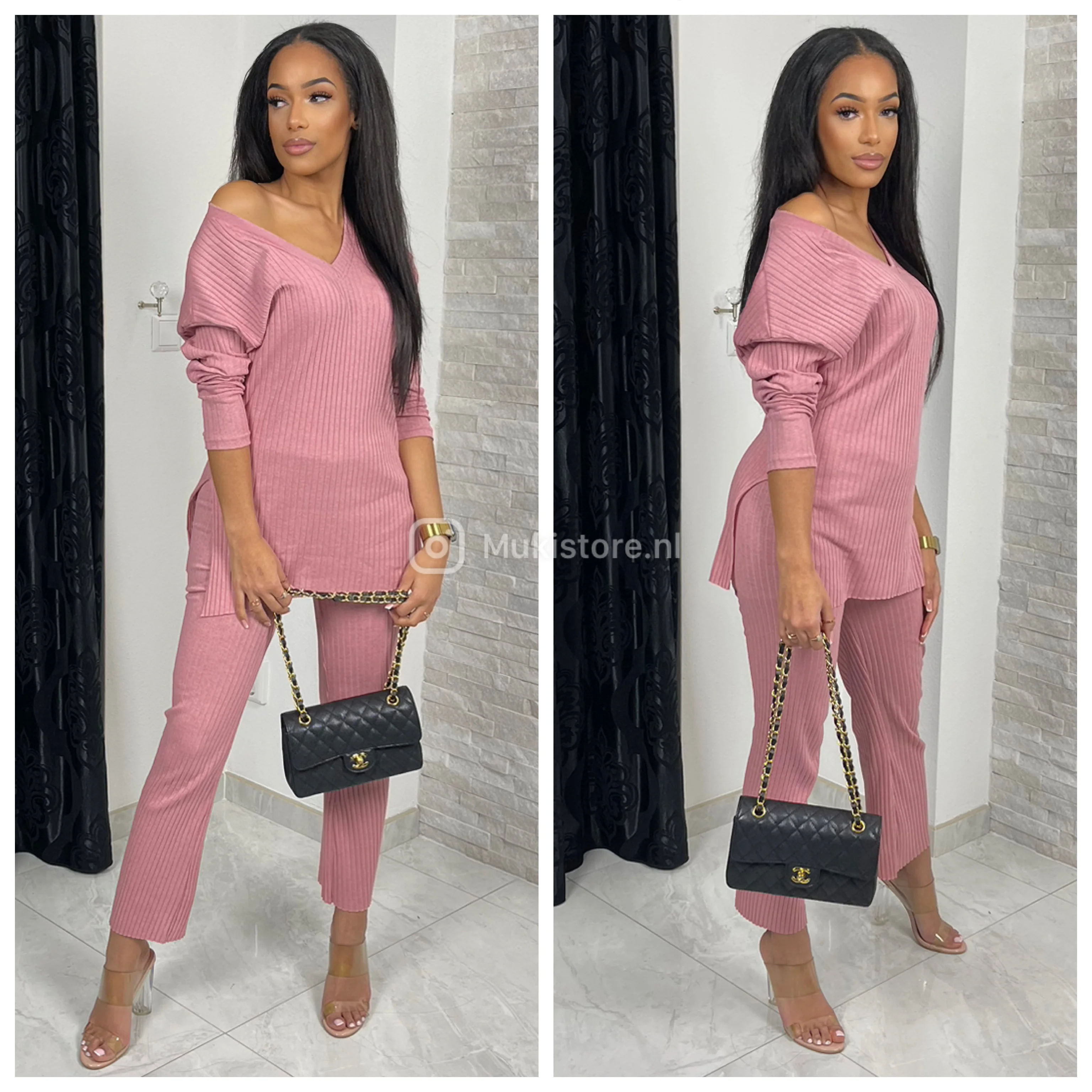 V Neck Thin Ribbed Wide Leg Musthave Set - Image 20