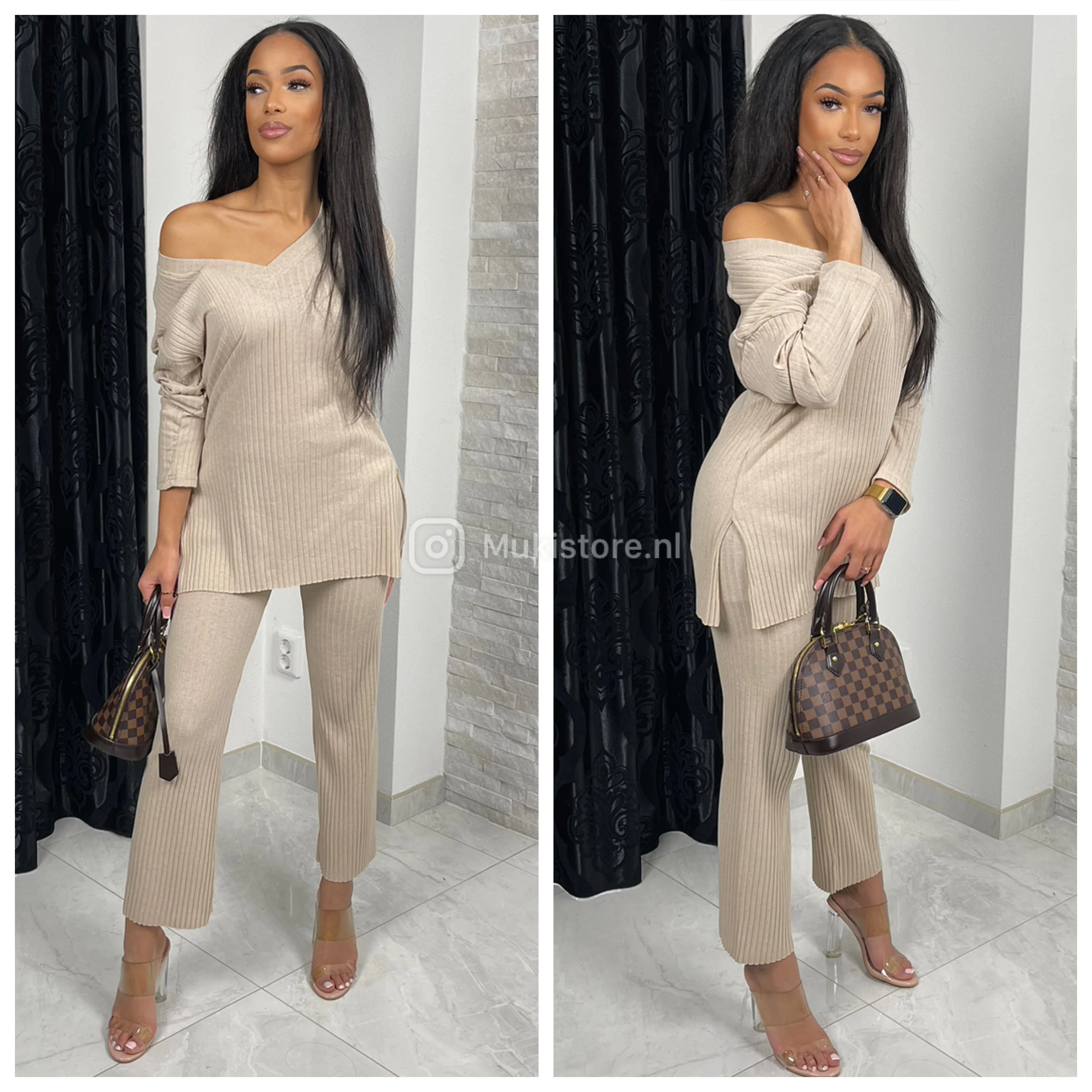 V Neck Thin Ribbed Wide Leg Musthave Set - Image 24