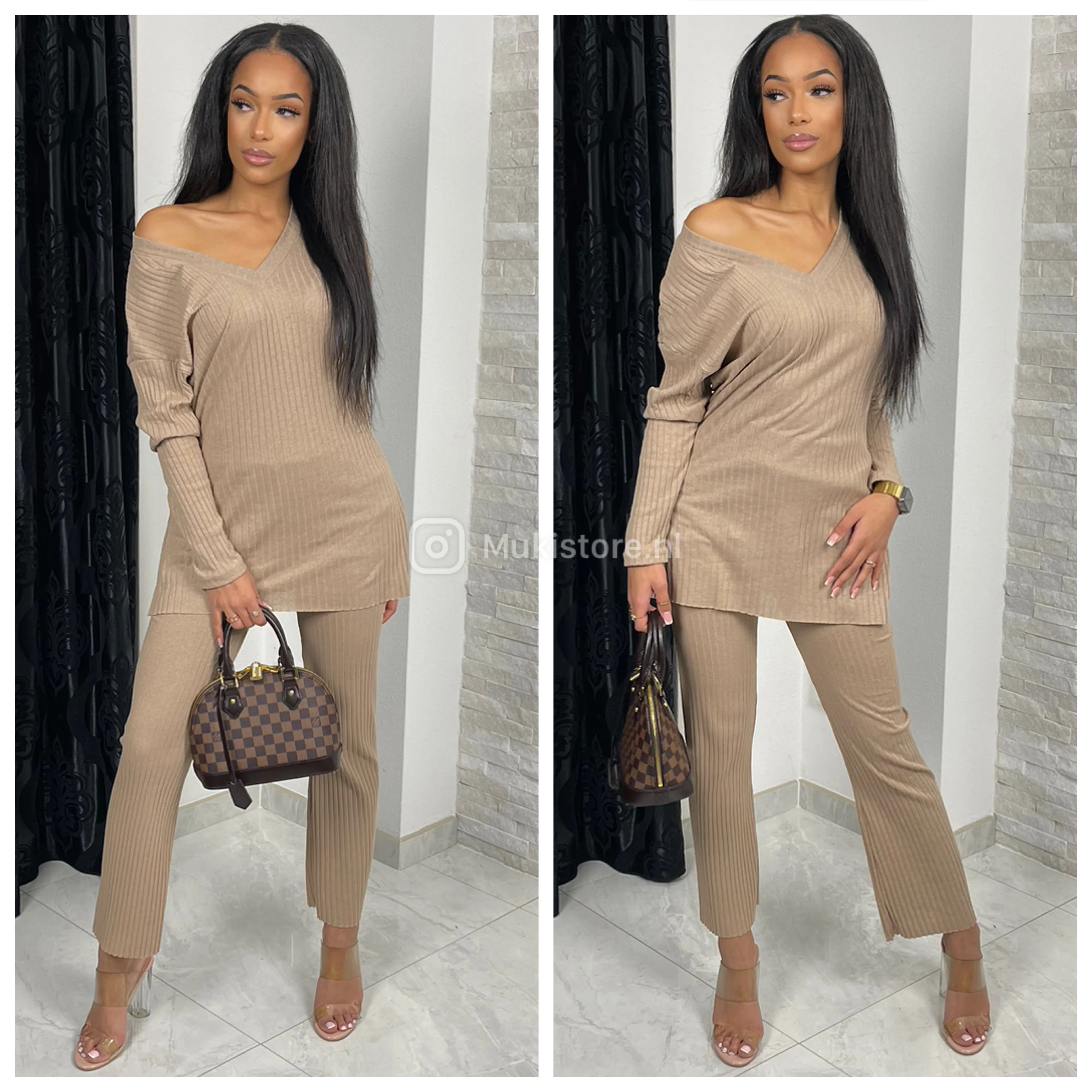 V Neck Thin Ribbed Wide Leg Musthave Set - Image 27