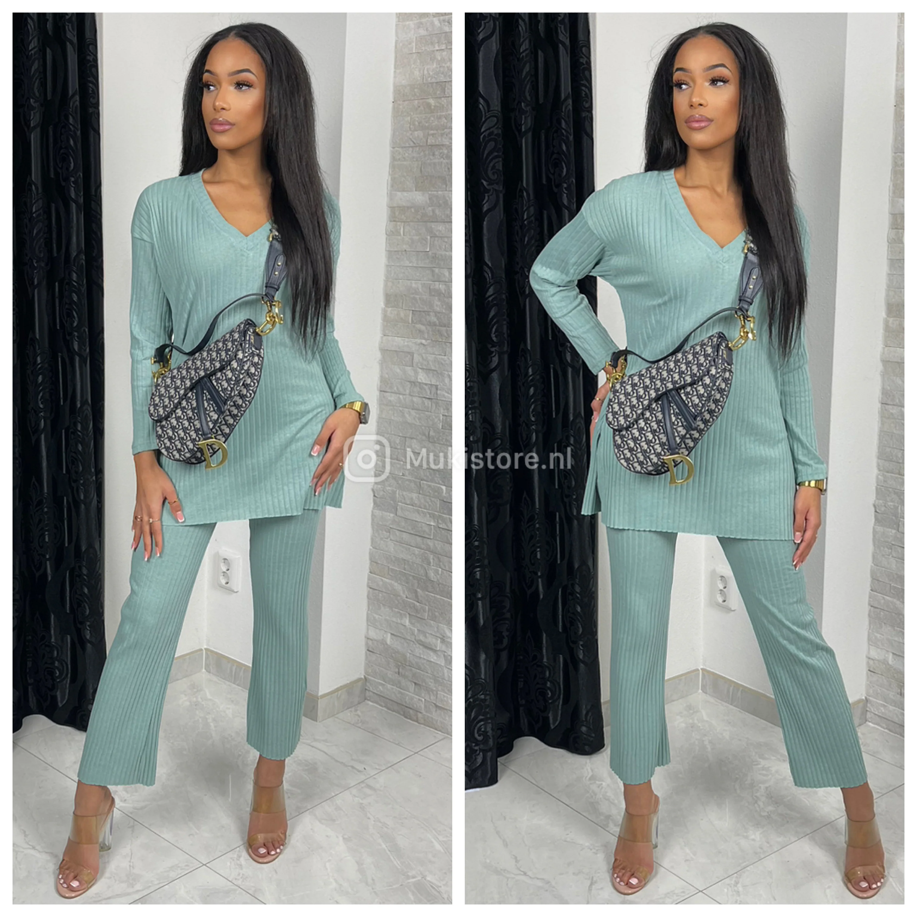 V Neck Thin Ribbed Wide Leg Musthave Set - Image 38