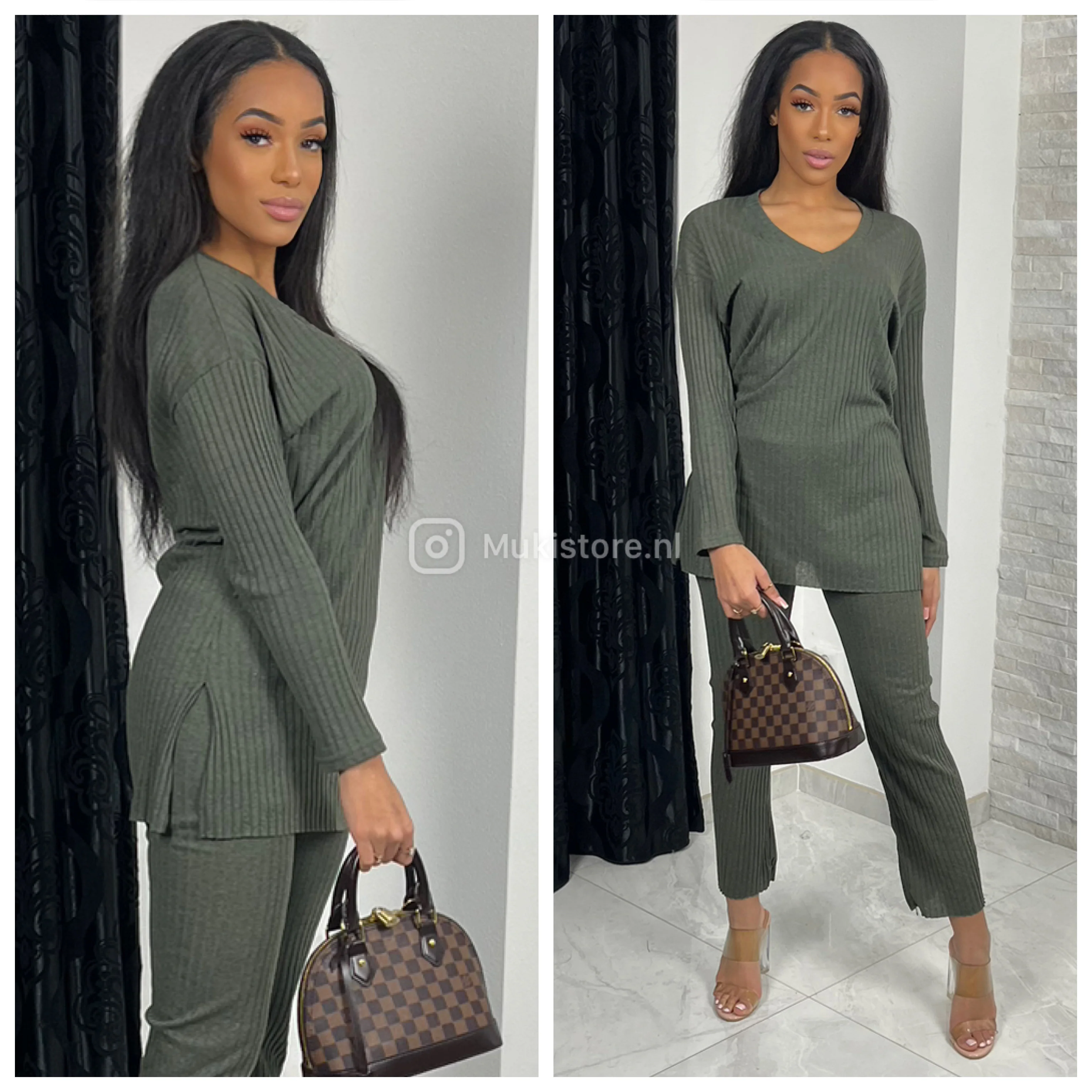 V Neck Thin Ribbed Wide Leg Musthave Set - Image 46
