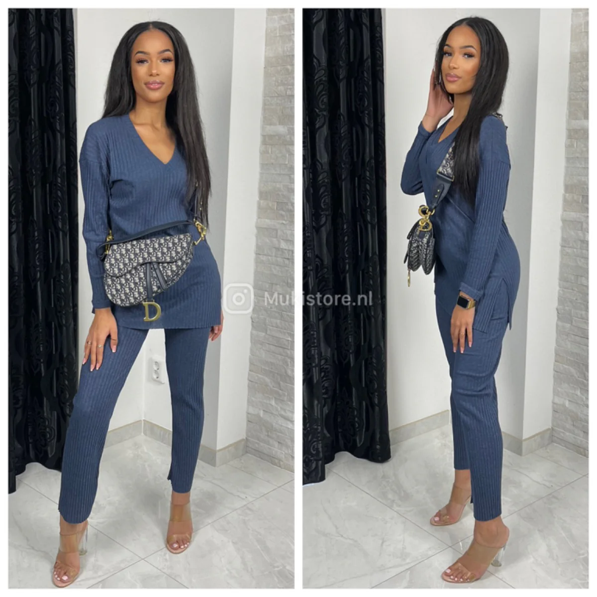 V Neck Thin Ribbed Wide Leg Musthave Set - Image 8