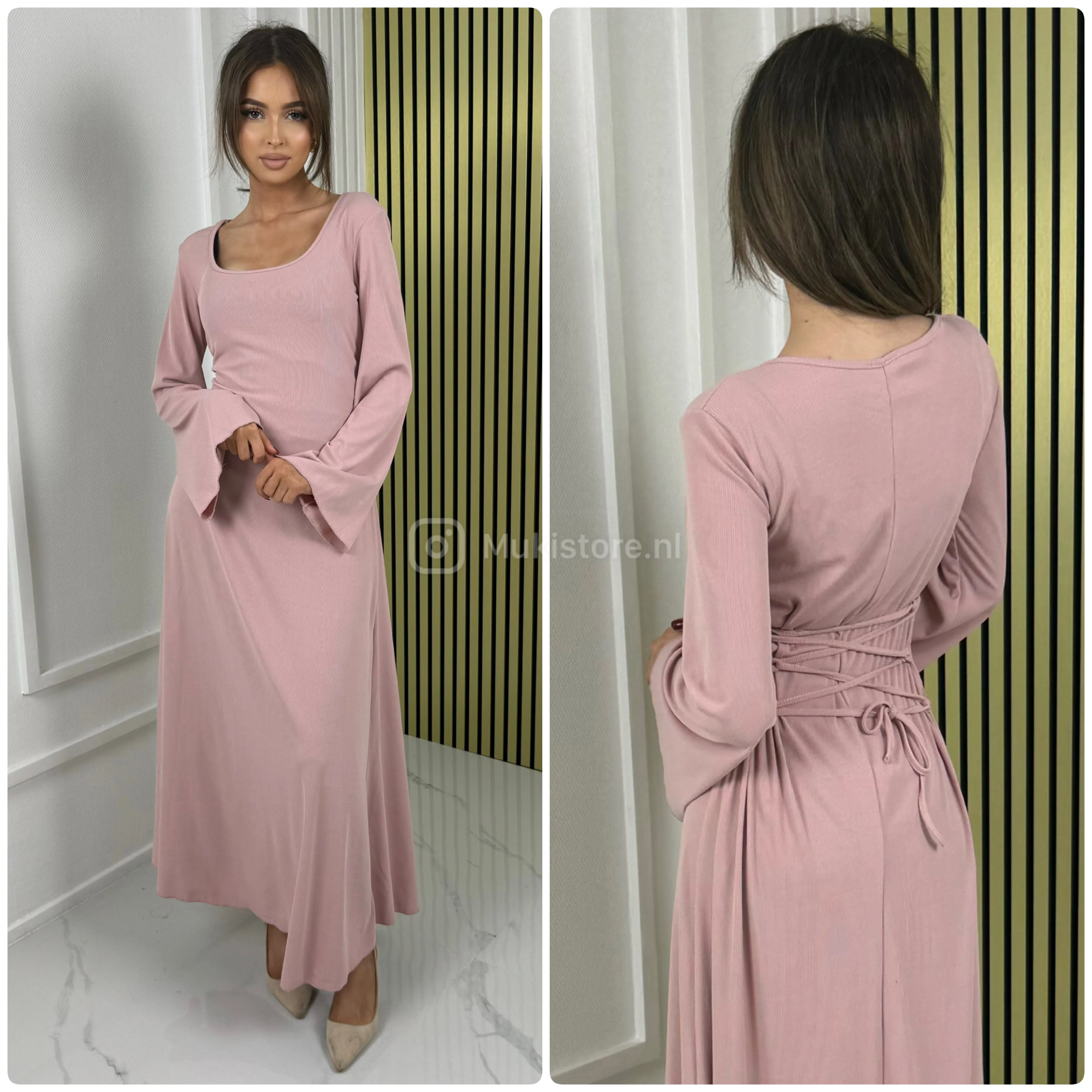 Waist Zigzag Drawstrings Wide Sleeves Ribbed Dress - Image 13