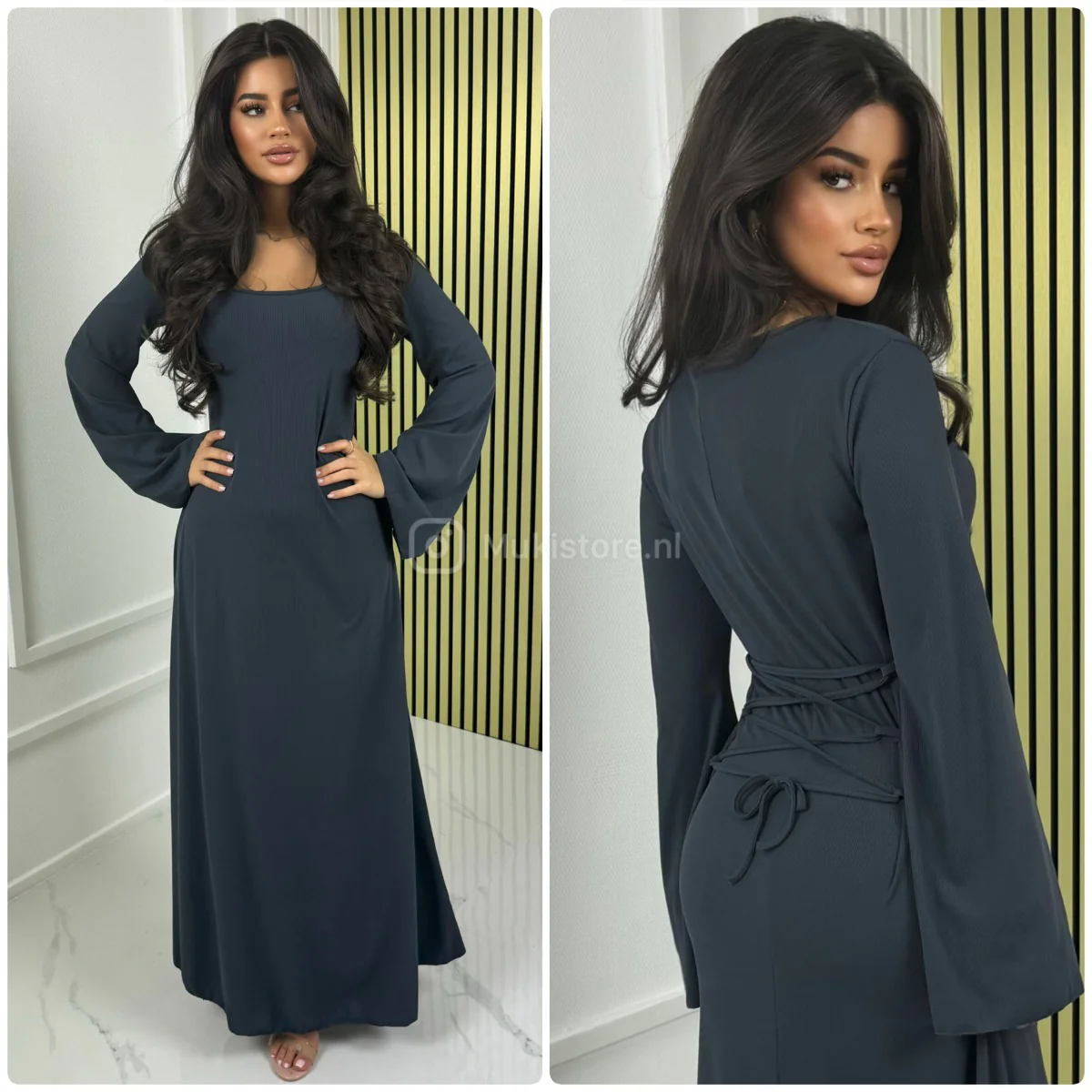 Waist Zigzag Drawstrings Wide Sleeves Ribbed Dress - Image 6