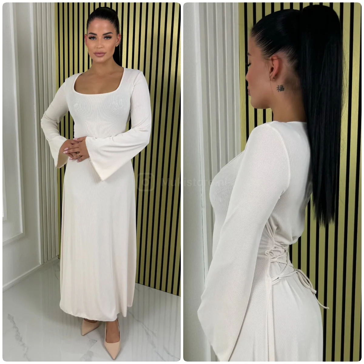 Waist Zigzag Drawstrings Wide Sleeves Ribbed Dress - Image 7