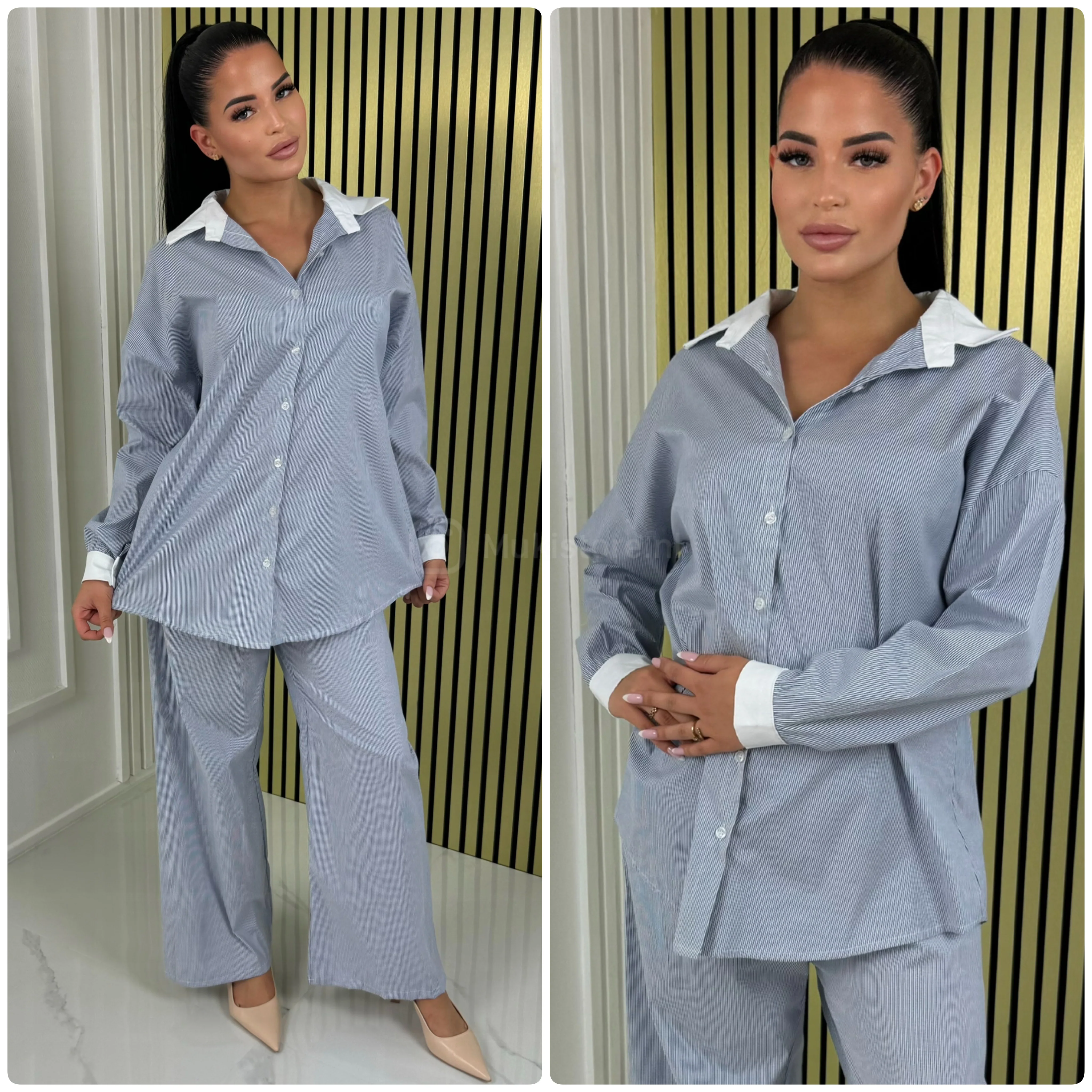 White Detail Blouse Stripes Set - Image 10