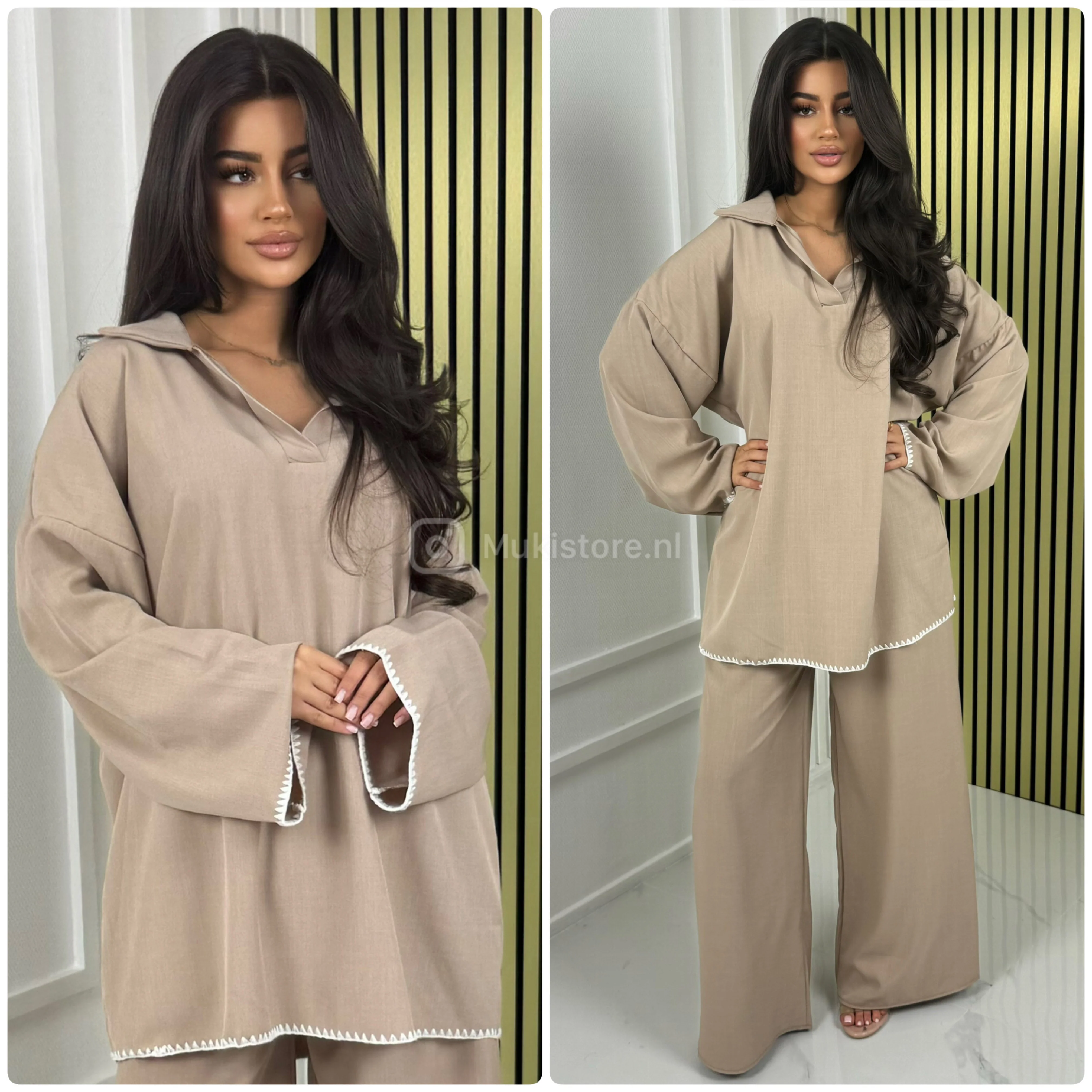 White Embroidery V Neck Collar Wide Leg Set - Image 6