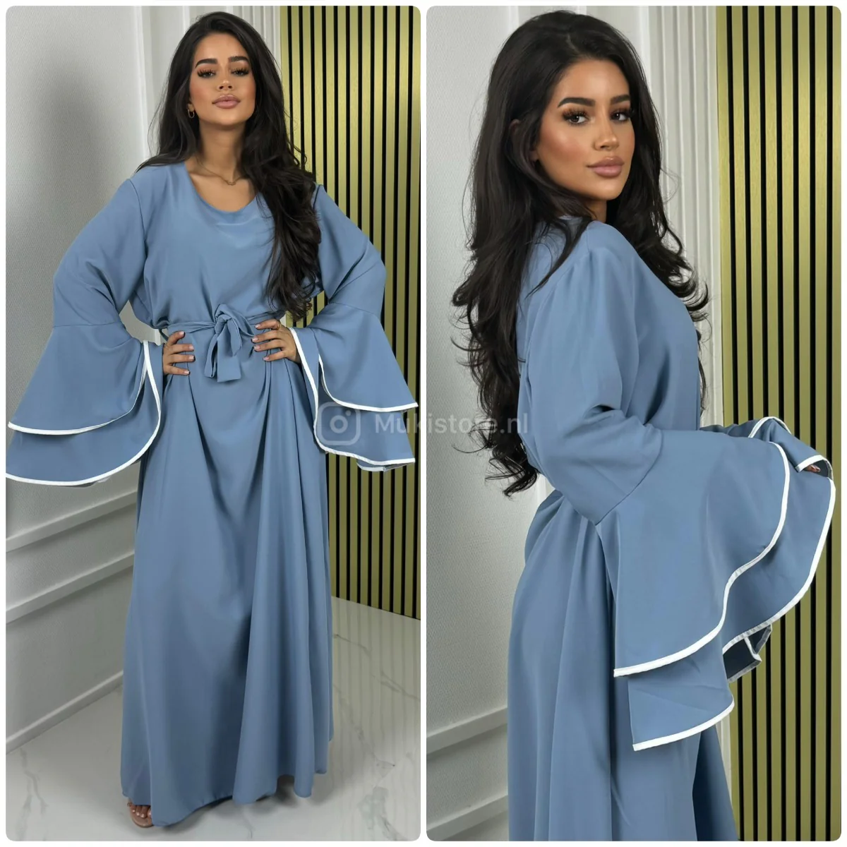 White Striped Layered Sleeve Tie Belt Dress - Image 2