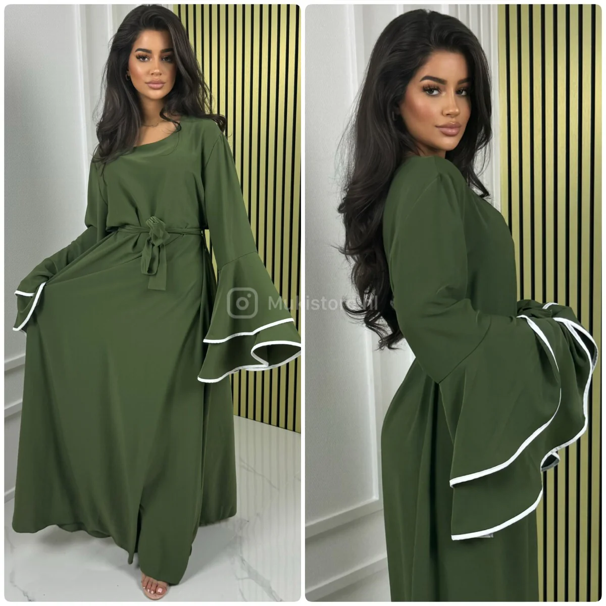 White Striped Layered Sleeve Tie Belt Dress - Image 5