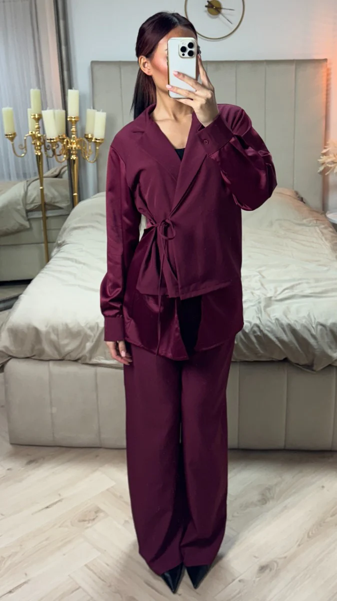 Wrap Cardigan Tie Blouse Set - Image 11
