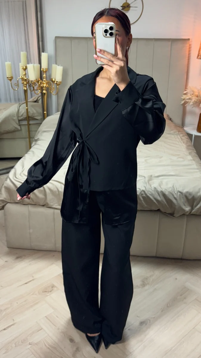 Wrap Cardigan Tie Blouse Set - Image 5