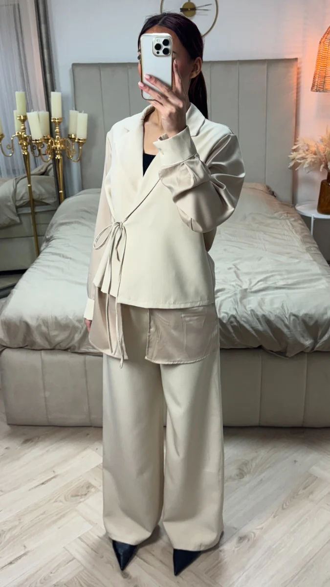 Wrap Cardigan Tie Blouse Set - Image 6
