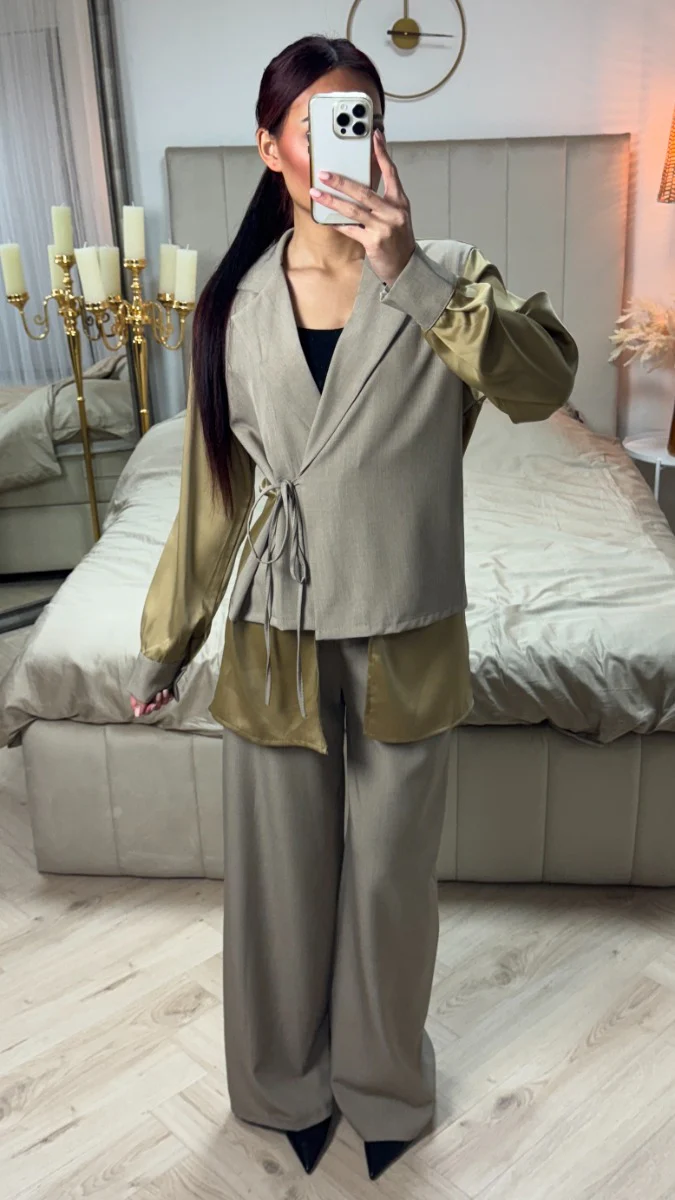 Wrap Cardigan Tie Blouse Set - Image 8
