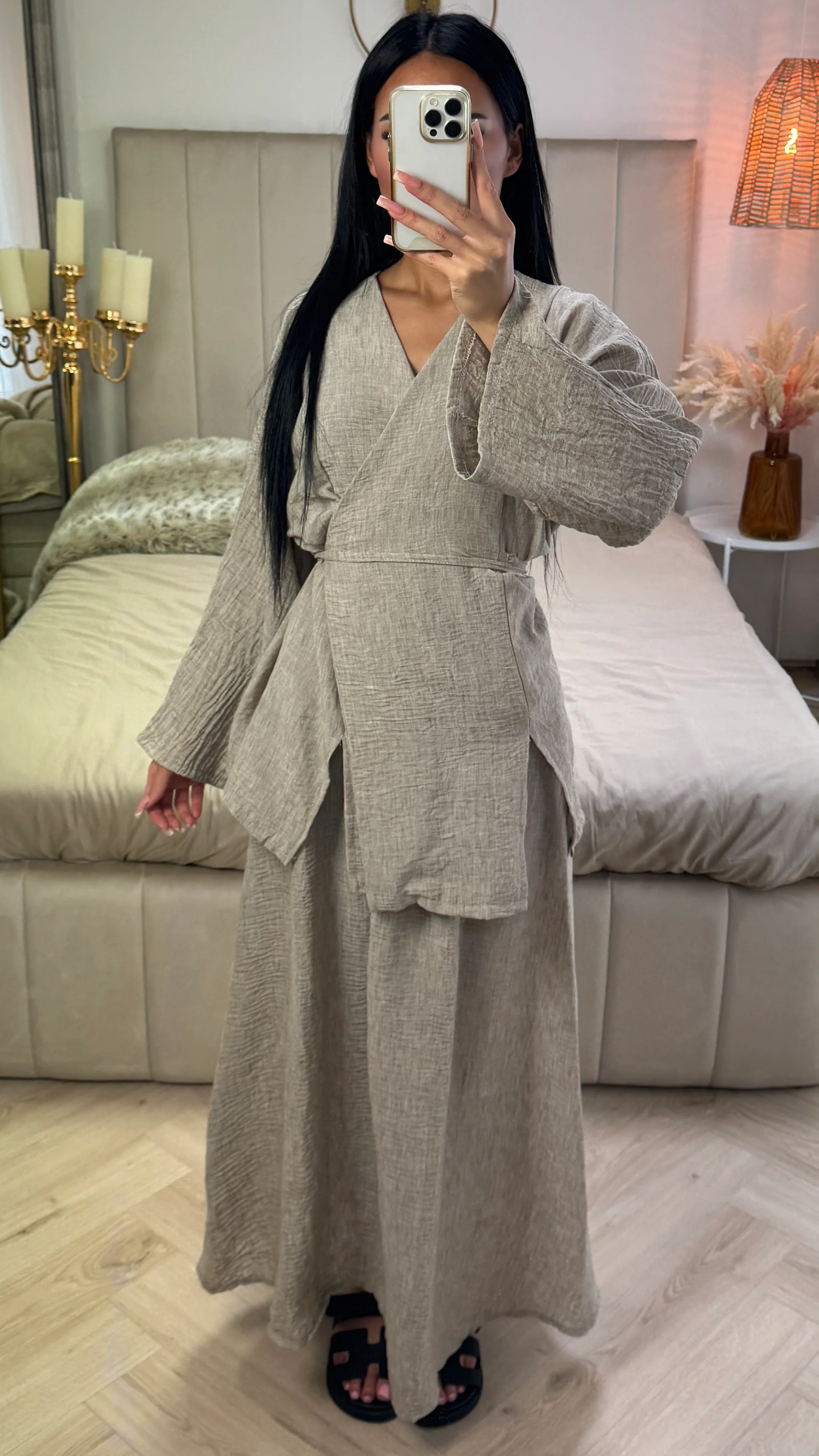 Wrap Splits Cardigan Tie Belt Skirt Set - Image 4