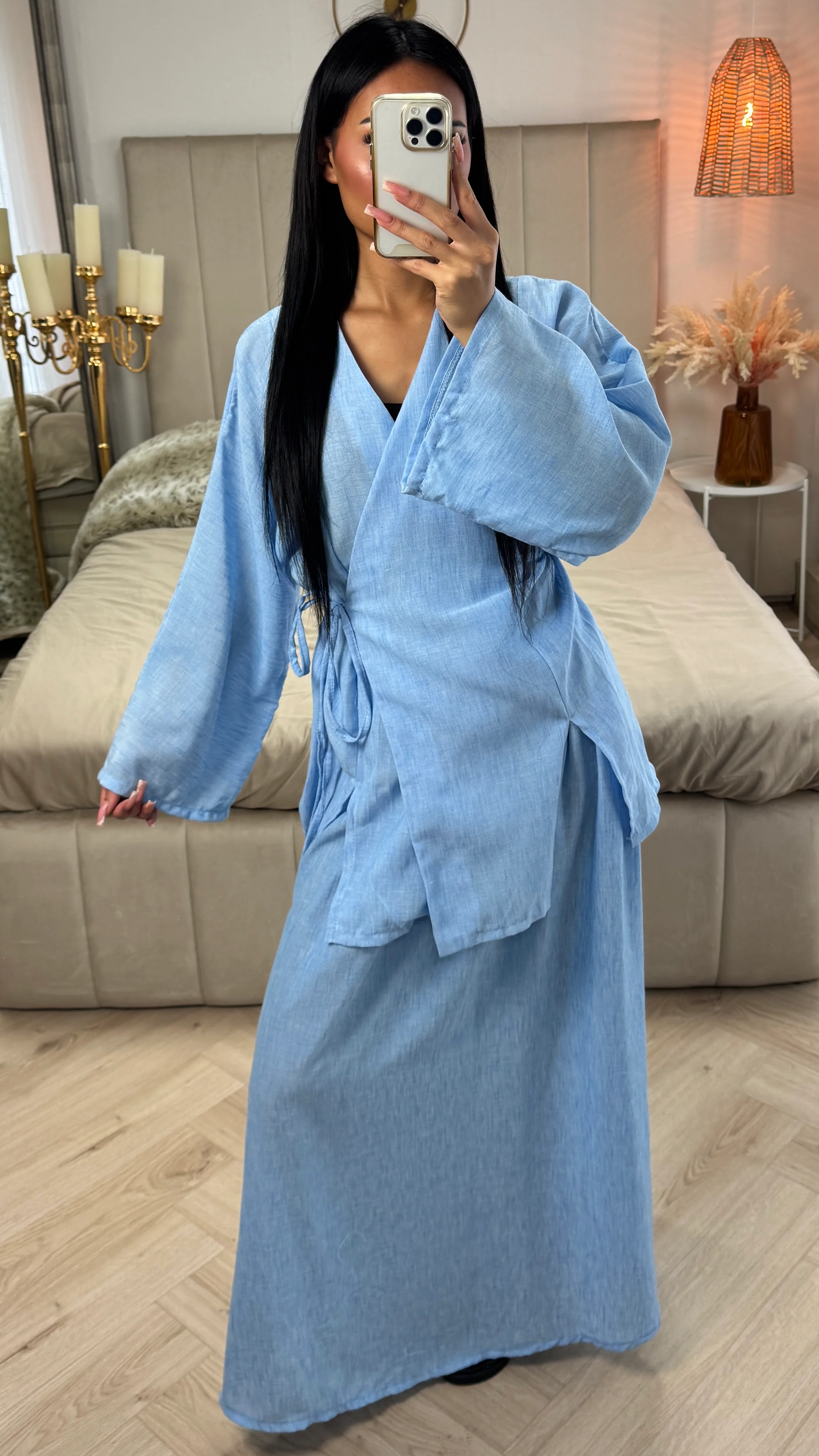 Wrap Splits Cardigan Tie Belt Skirt Set - Image 5